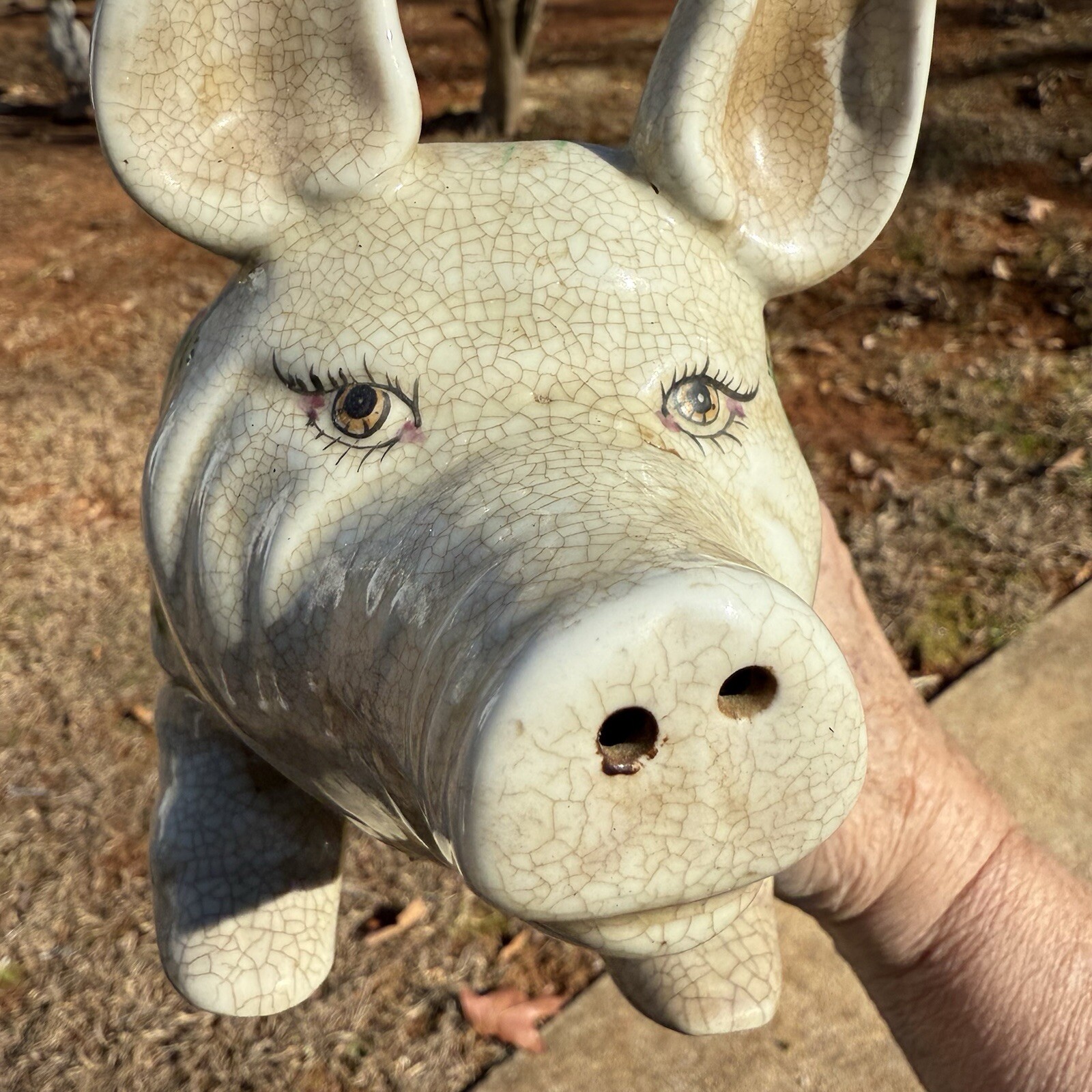 VTG Painted pottery pig statue Crazed Finish 7”X 4.5” X 9”￼