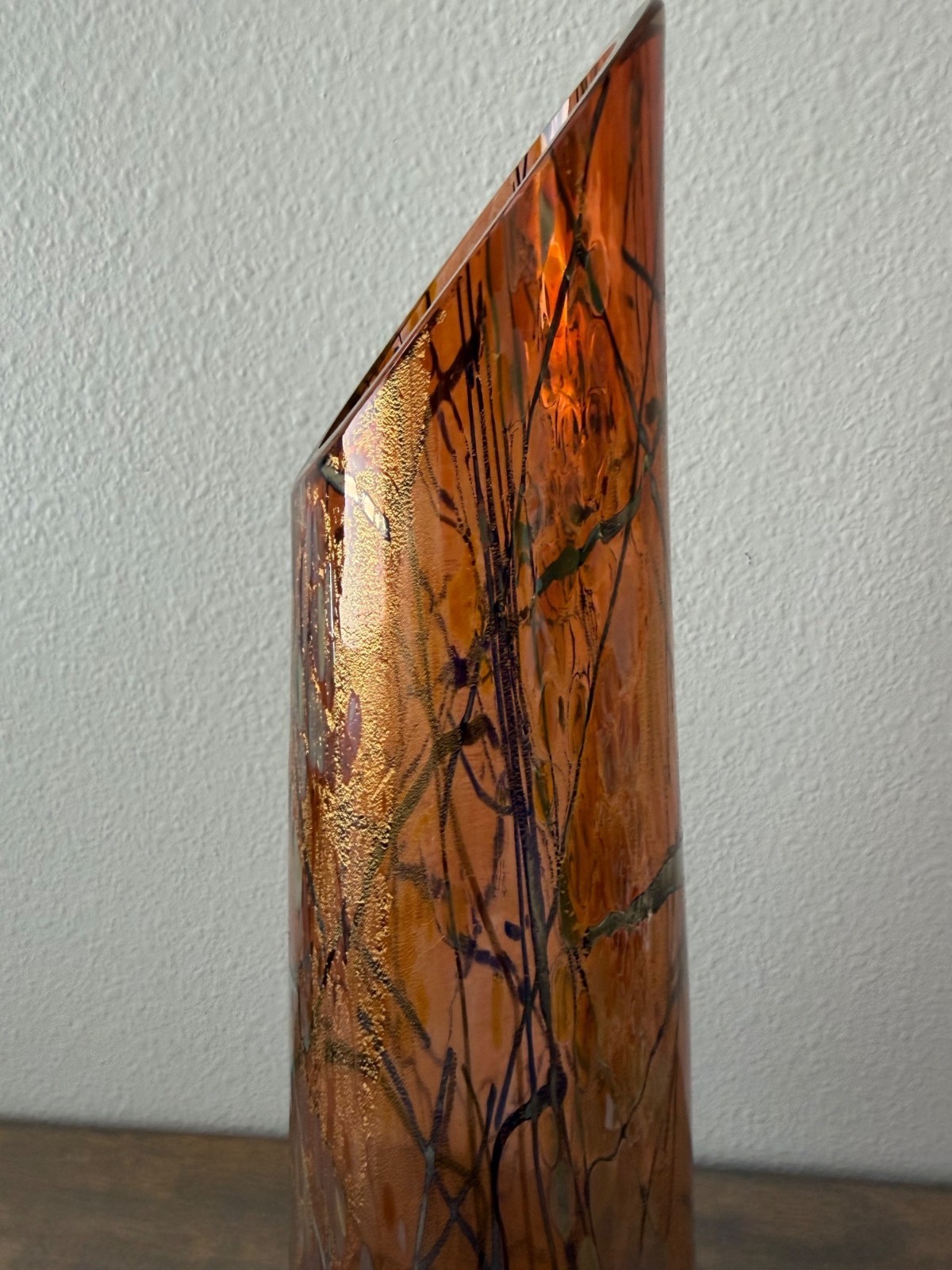 Signed Tim Lazer Dichroic Studio Art Glass Vase 17″