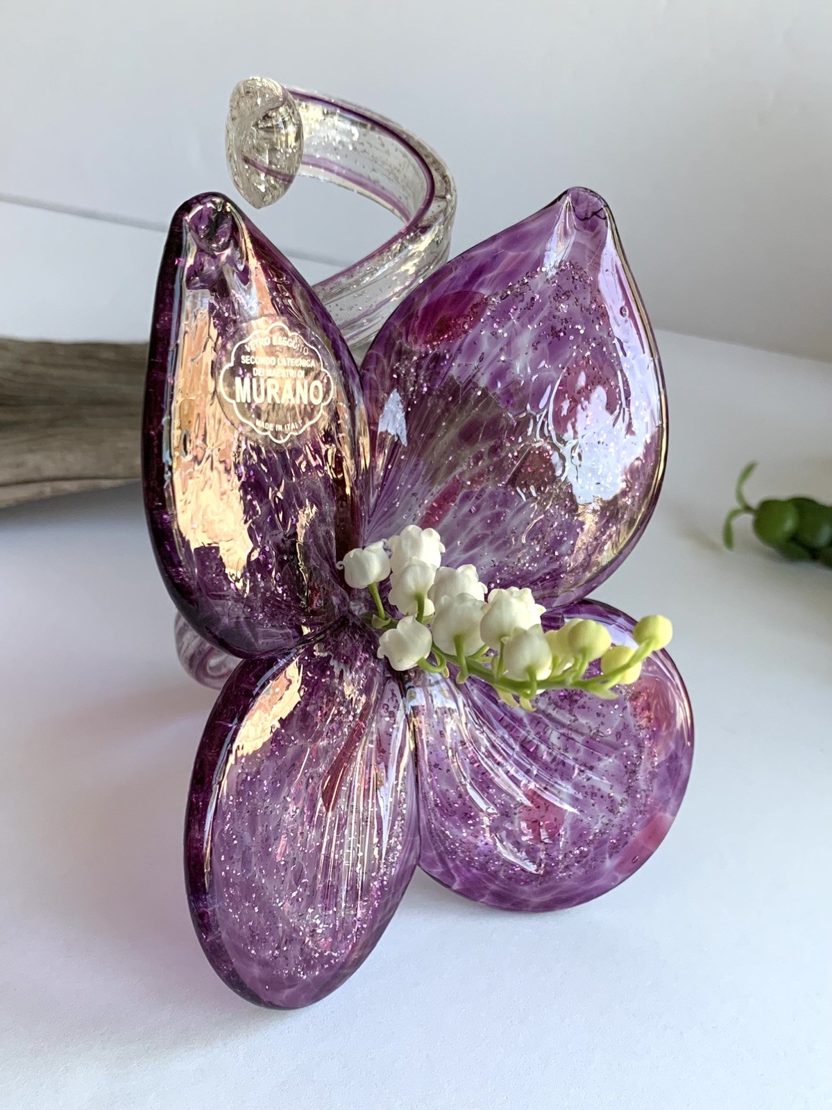 Vintage Murano Italy Handblown Art Glass Purple Pink Flower Glitter Petal Twist