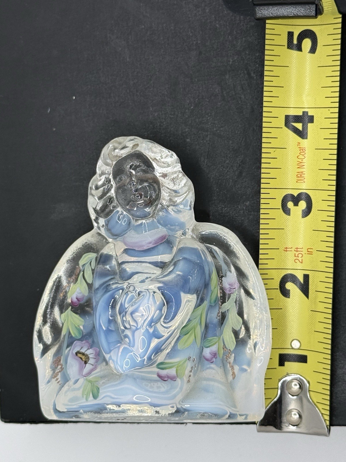 Fenton Art Glass Angel Figurine Hand painted Floral Opalescent White Clear 4”