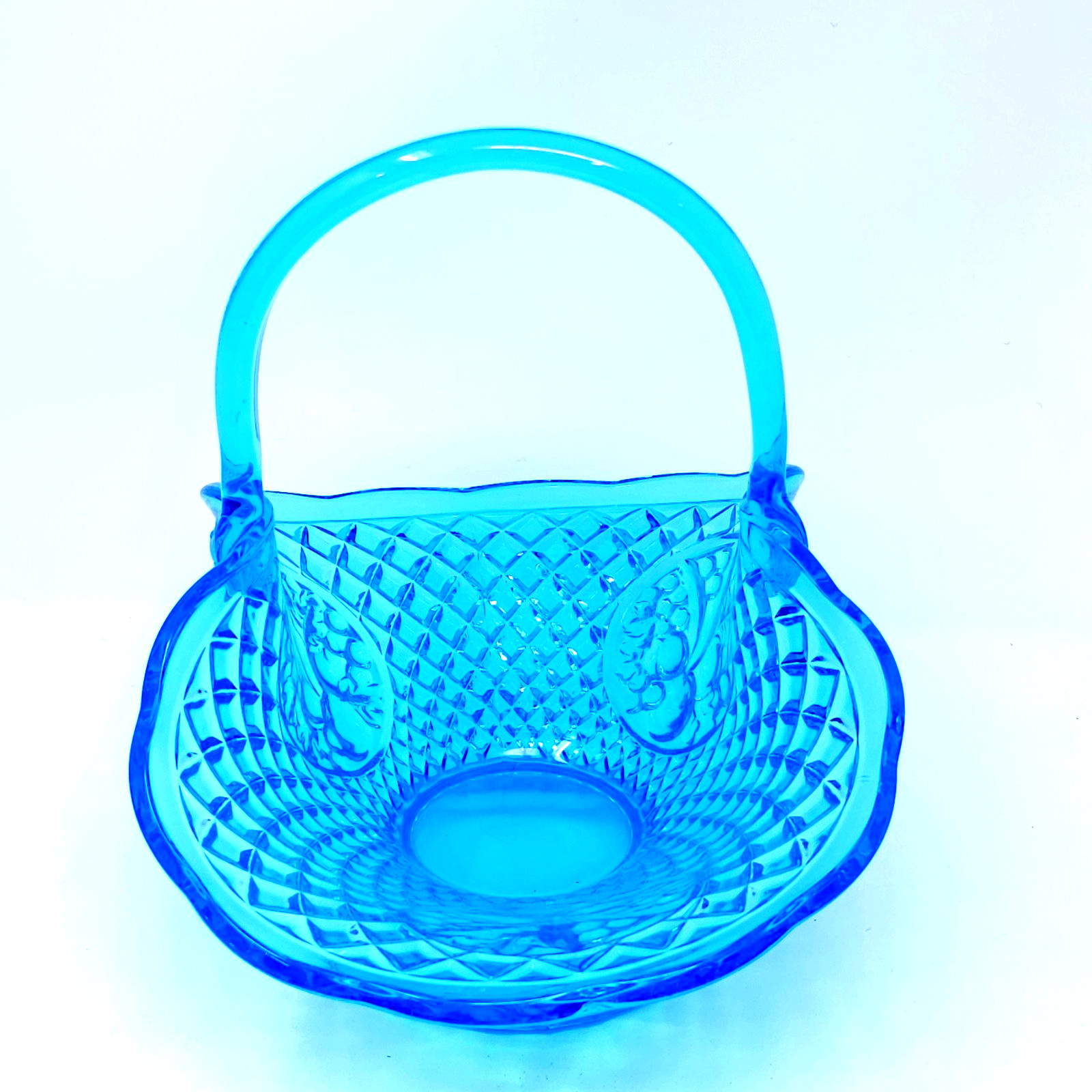 VTG Indiana Glass Horizon Blue Canterbury Basket Diamond Cut Fruit 11.5” Long