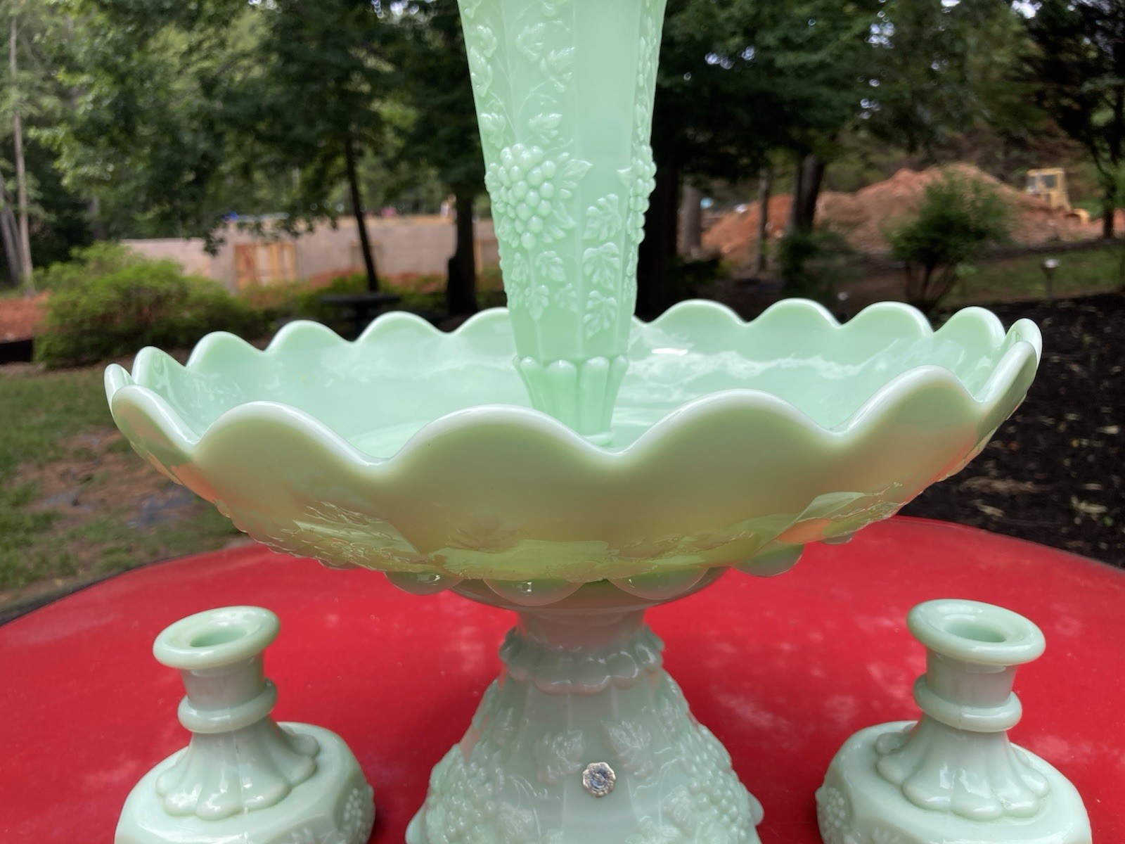 Very Rare Westmoreland Green Mist / Jadite / Paneled Grape Epergne W Candlsticks