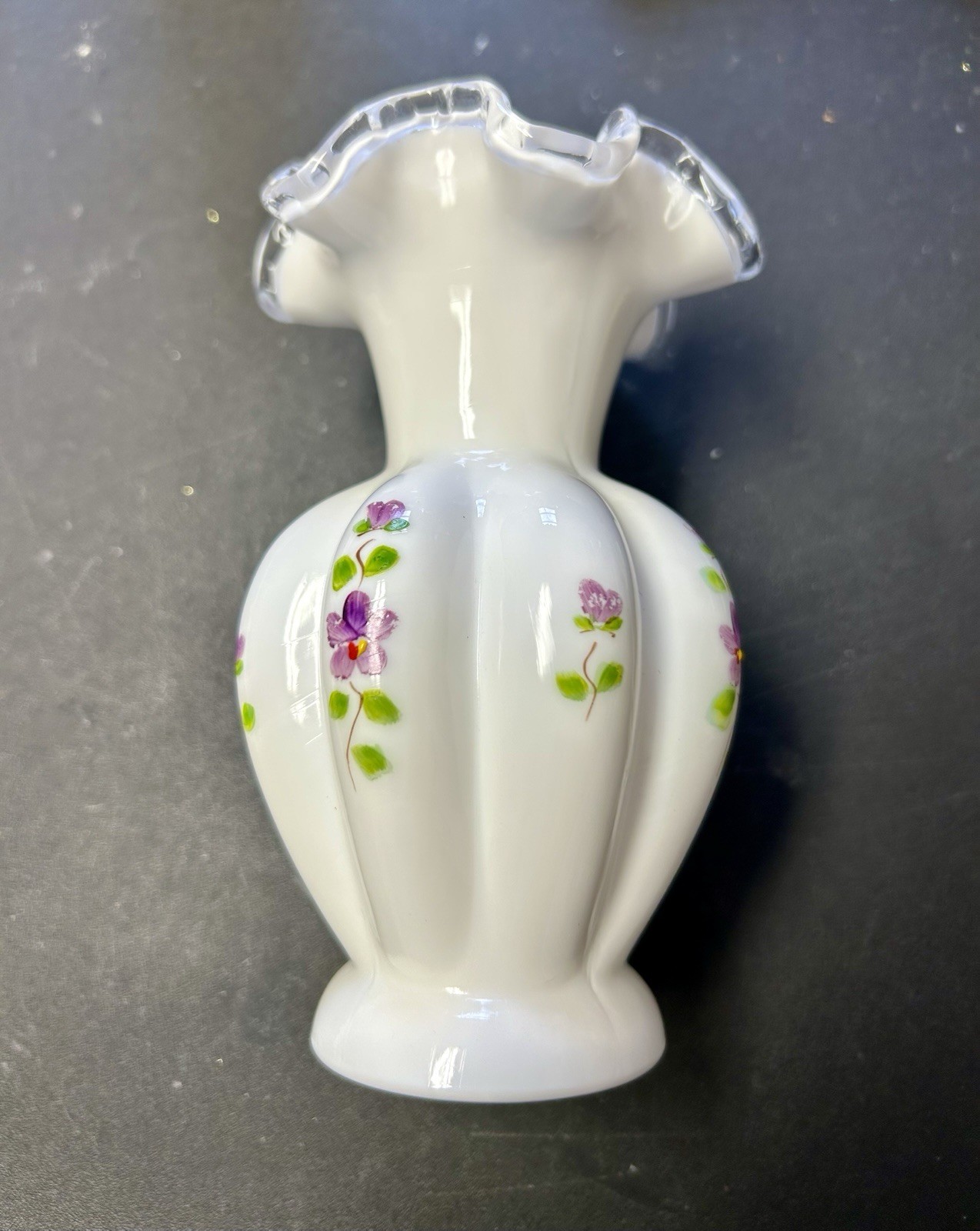 Fenton Art Glass “Violets in the Snow” White-clear Ruffle Edge Melon-shaped Vase