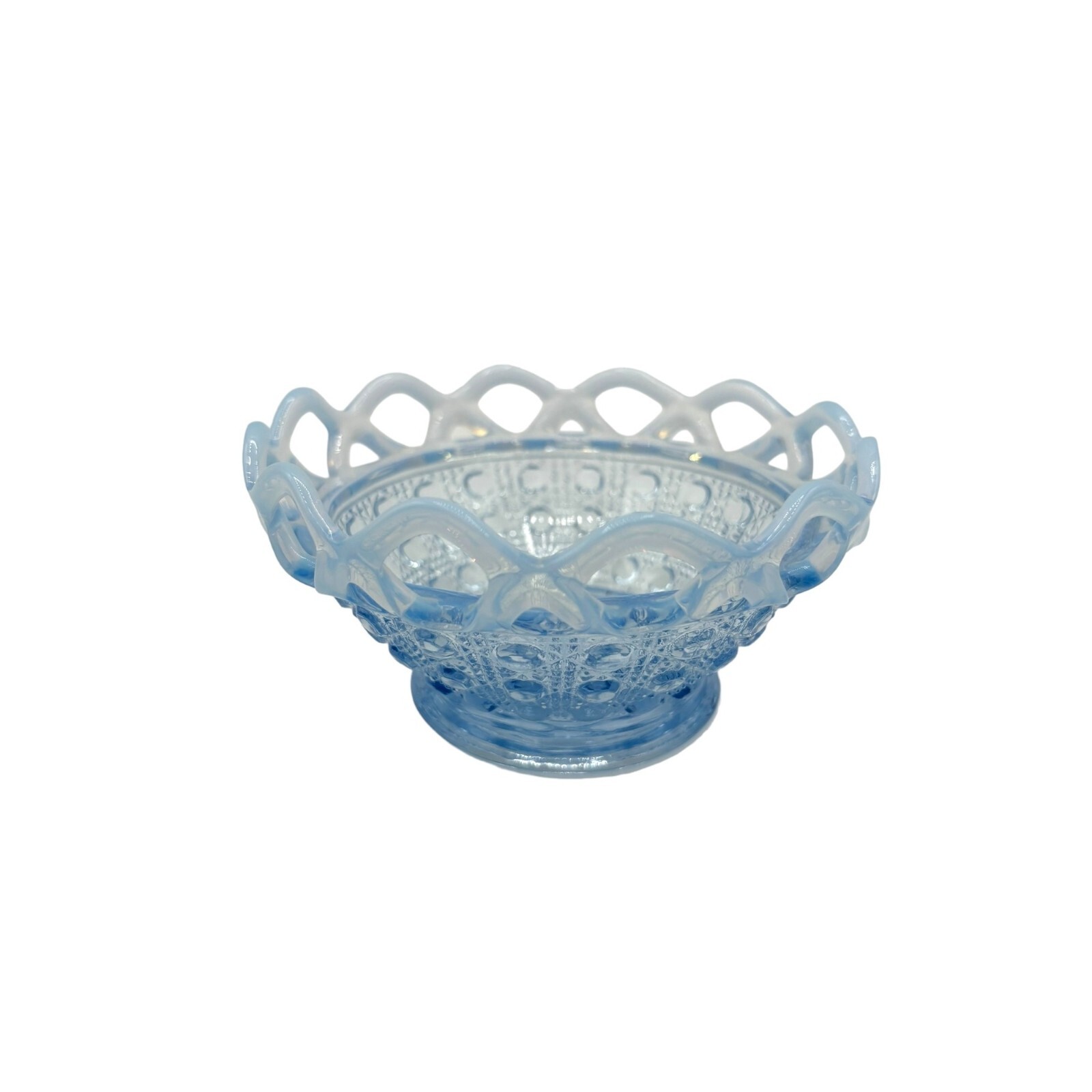 Vintage Imperial Glass Laced Edge Blue Opalescent Basket Bowl Candy Dish 5.25