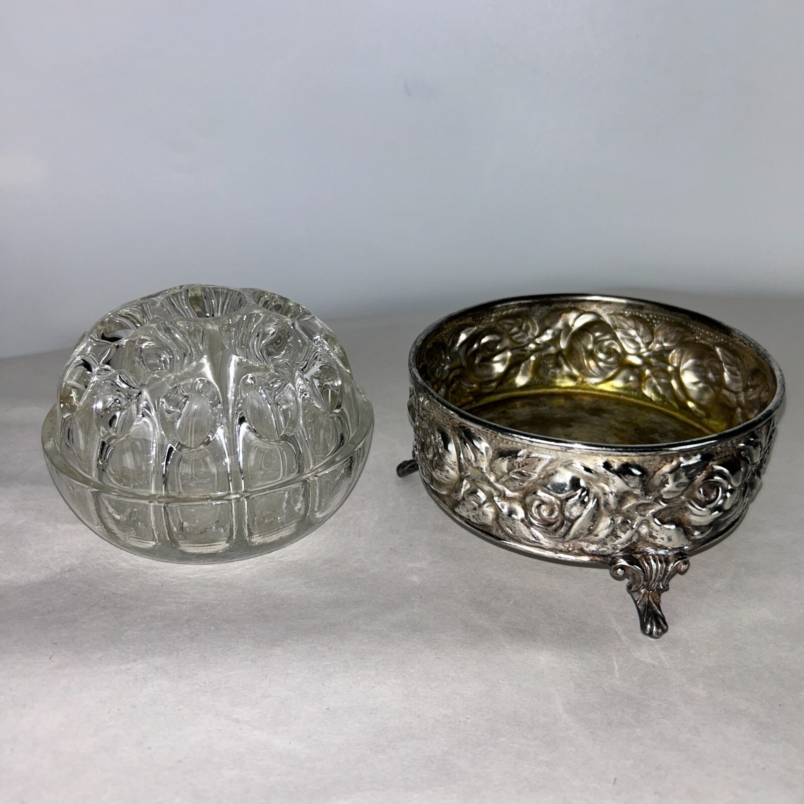 EL De Uberti French Glass Flower Frog, Repousse Rose Silverplated Italy Holder