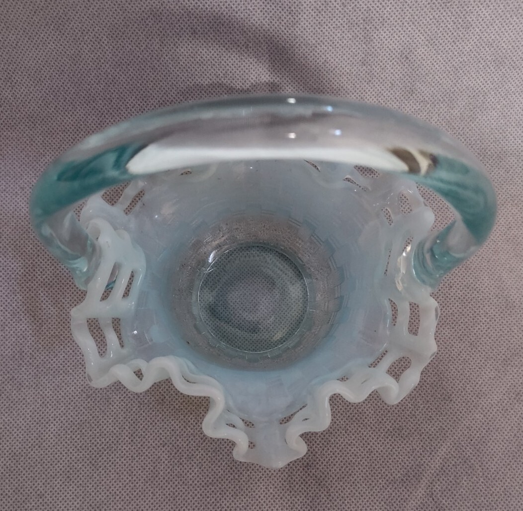 Fenton Provincial Blue Opalescent Basket Open Lace Ruffled Edge Basket Weave