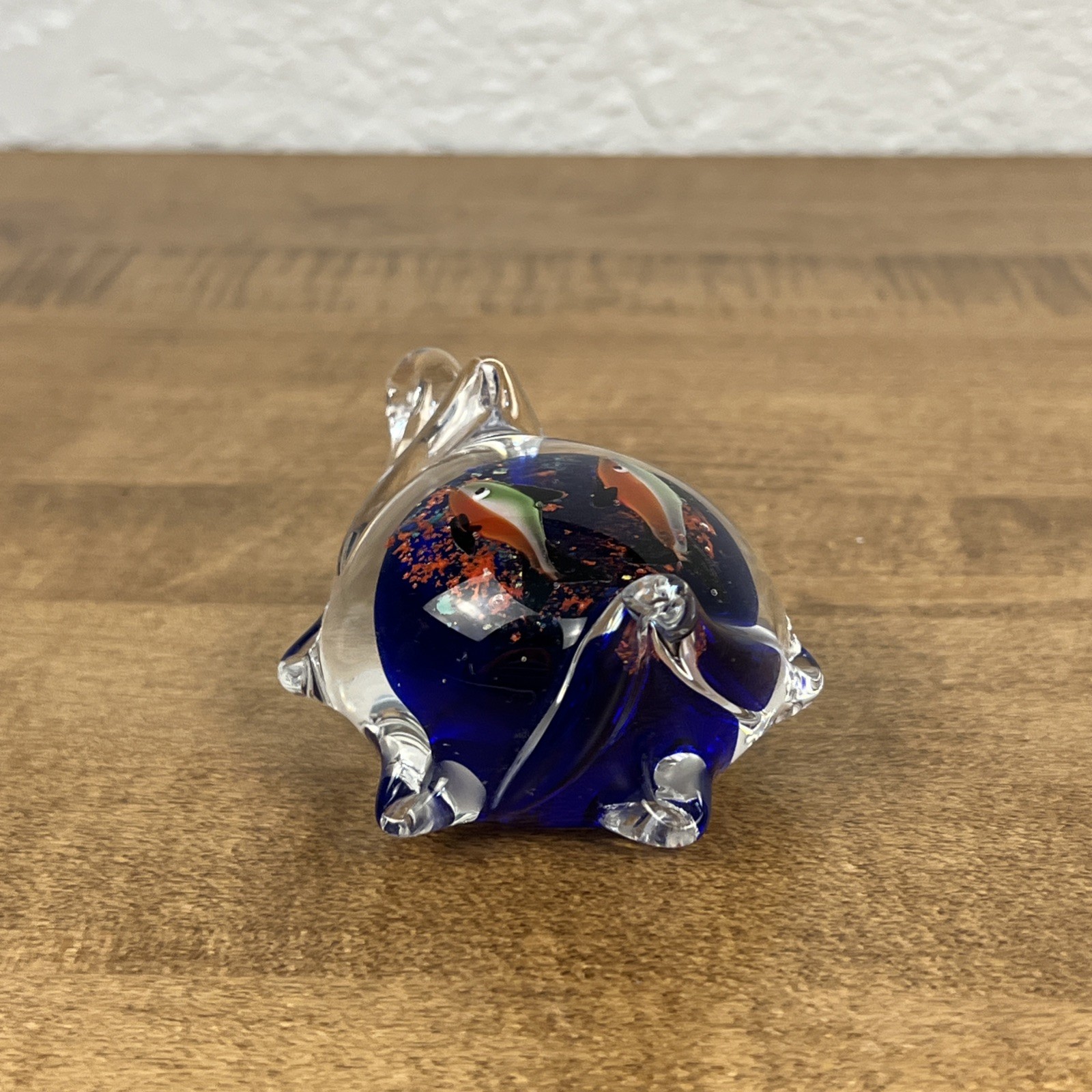 Murano Style Art Glass Sea Turtle W/ Fish Aquarium Figurine Paperweight