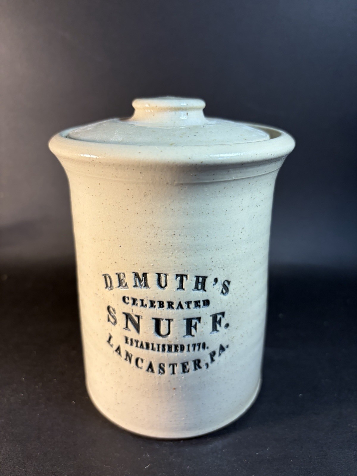 Reproduction Demuths Snuff Lancaster Pa Stoneware Crock By Bujno 5.25”
