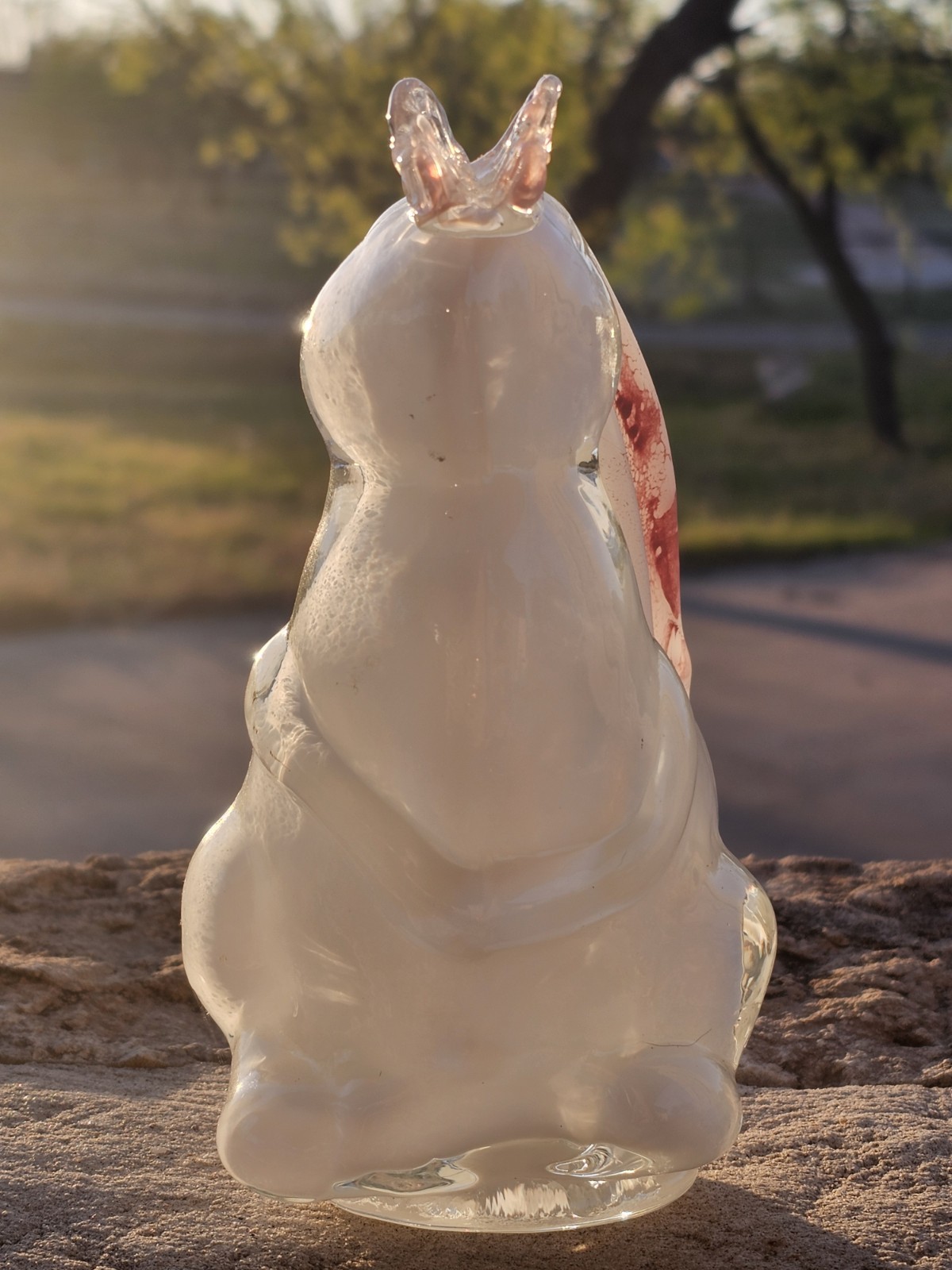 Vintage Sommerso Art Glass Bunny & Butterfly Figure Easter Spring White Pink EUC
