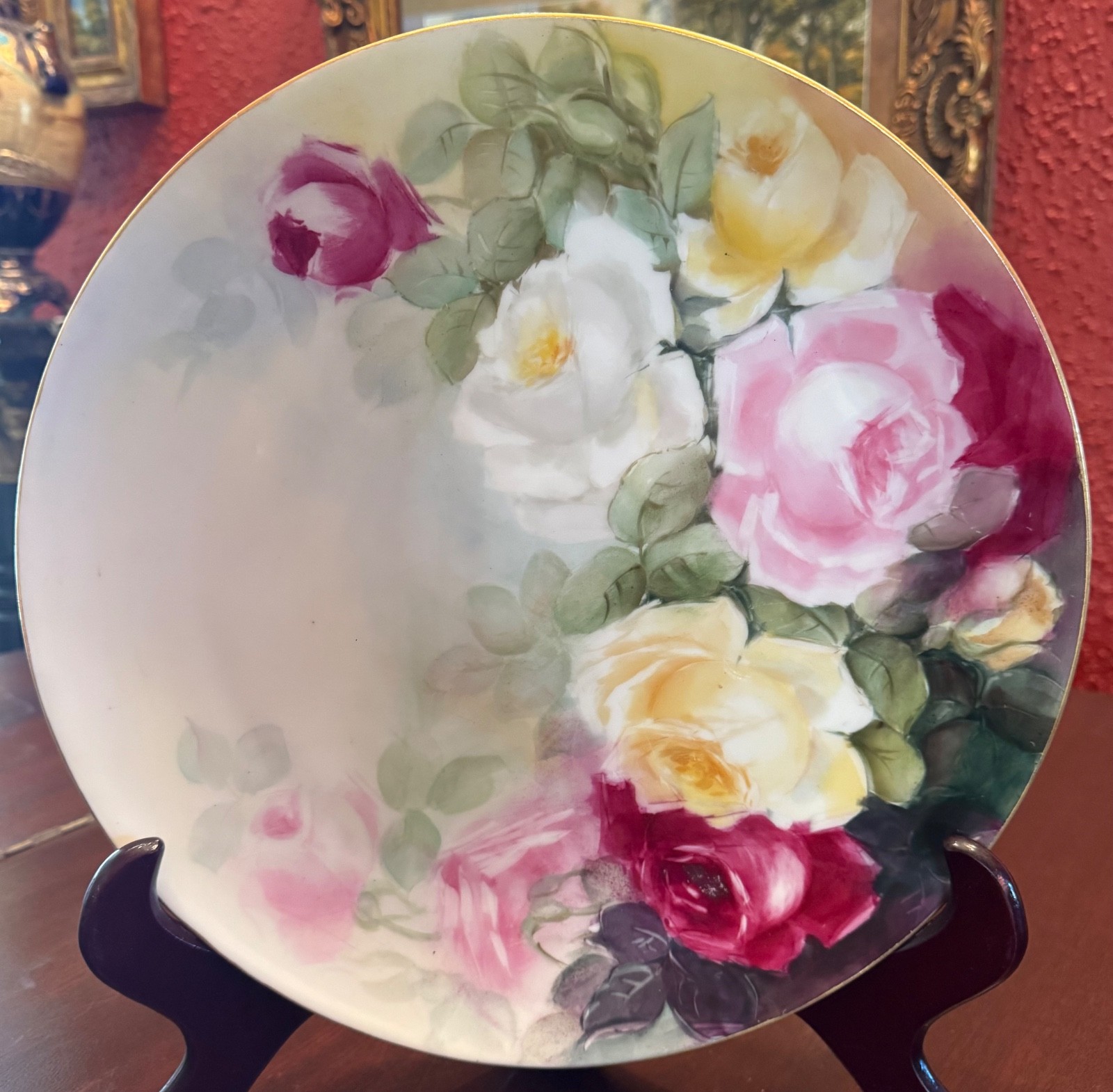1894-1906 Gorgeous Large 10 1/4” American Belleek Vase Roses & Gold