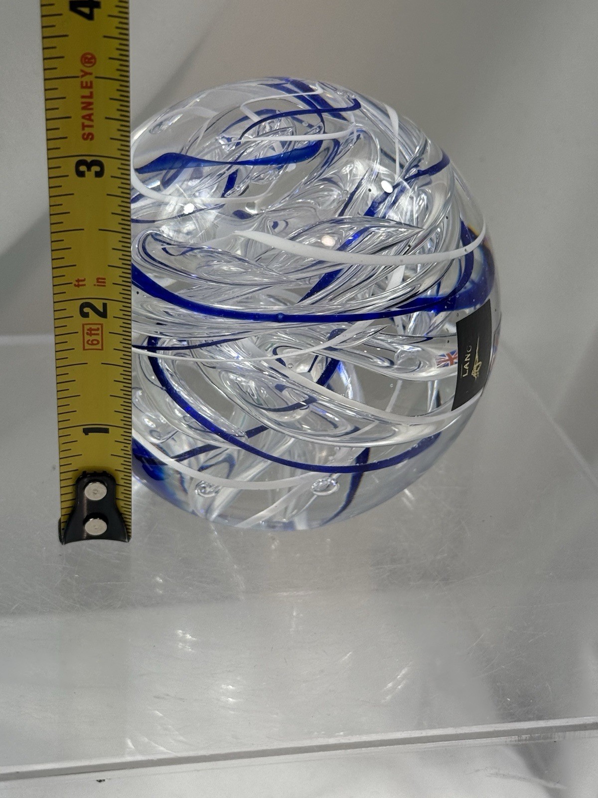 Vintage Signed Paul Miller Langham Glass Paperweight Blue White Swirl