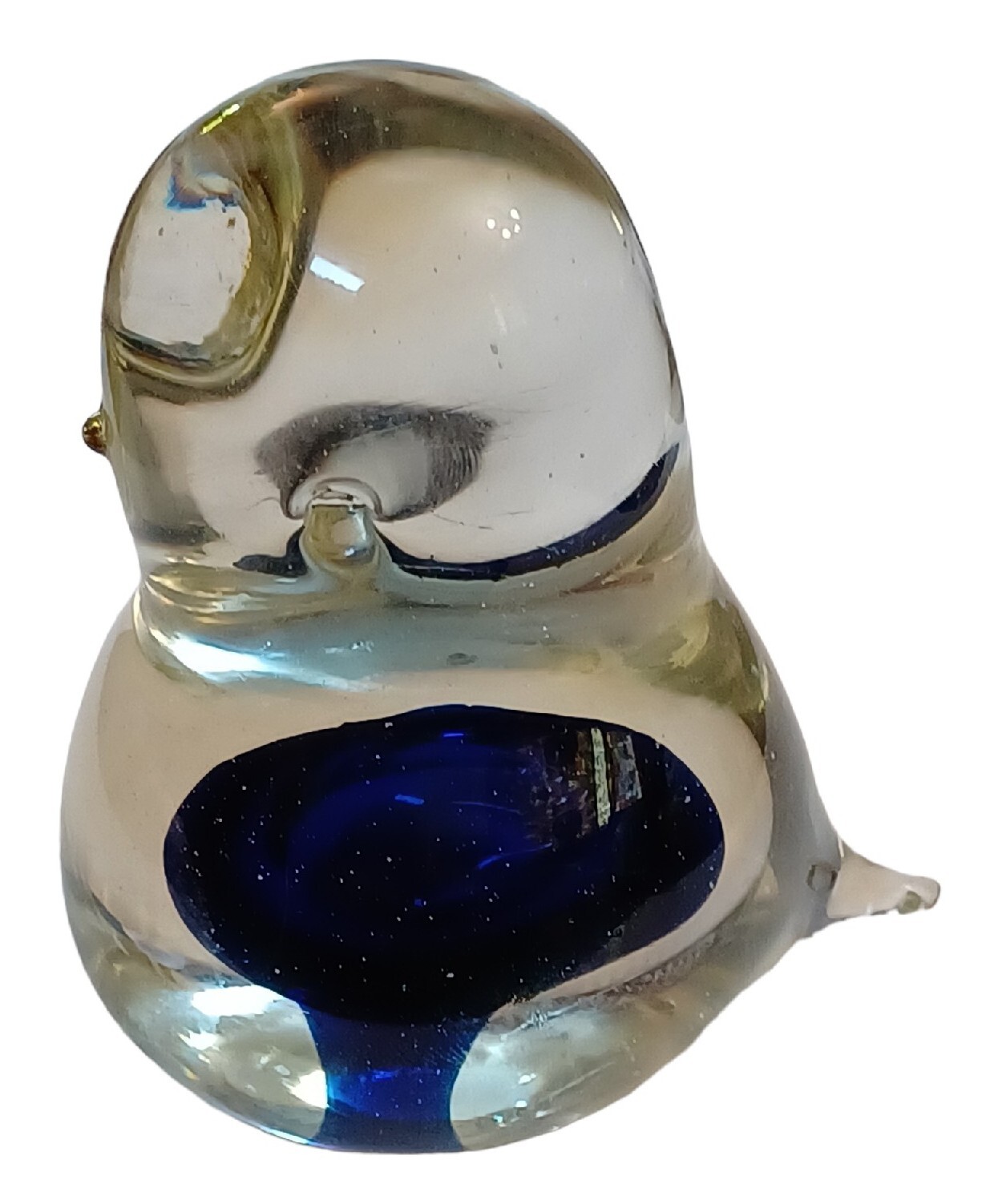 Vintage Blown Clear and Blue Glass Blob Bird Paperweight