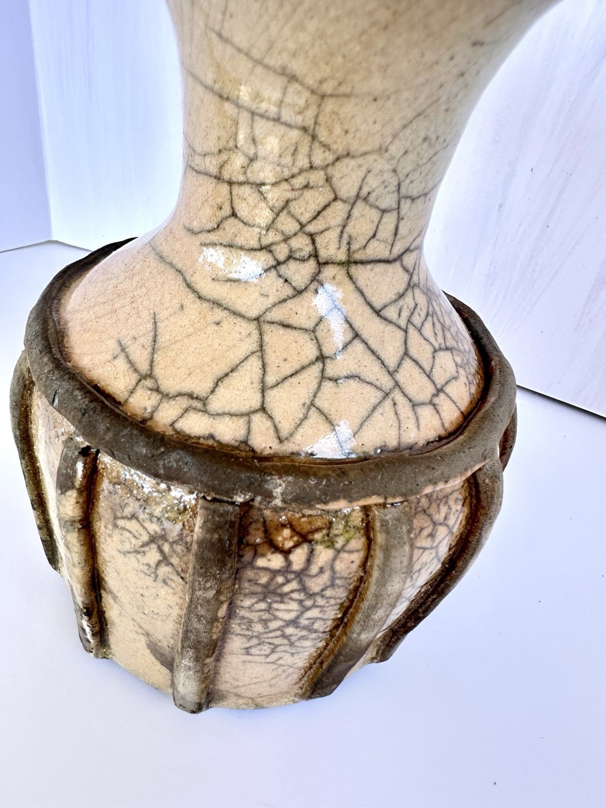 Vintage Pottery Vase Earthy Color Crackled Glaze Applied Design Artists Mark 6”
