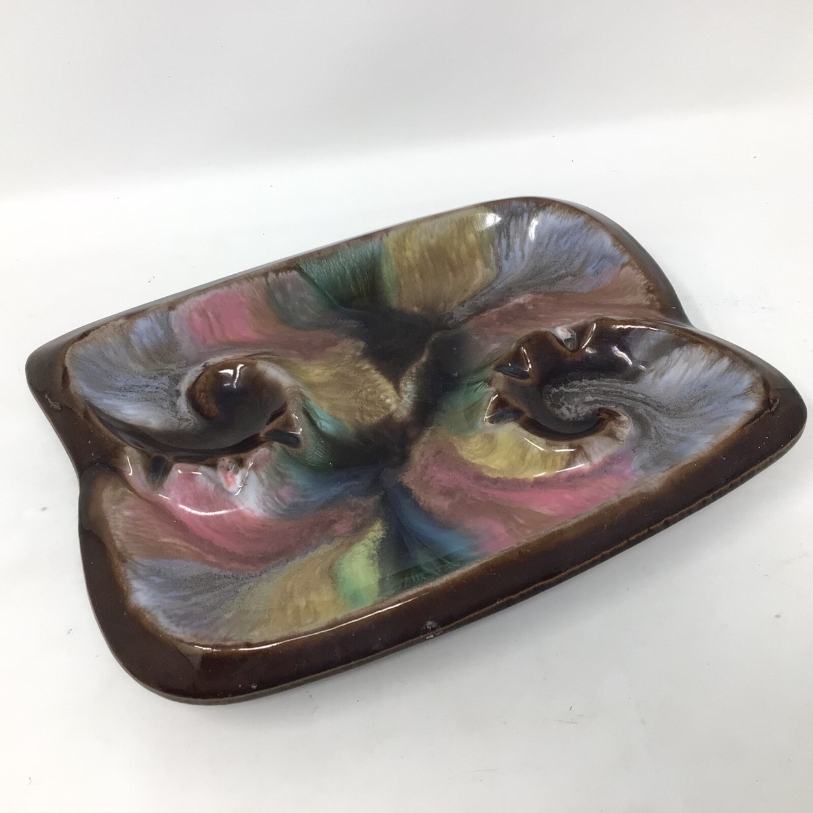 Ash Tray Ceramic Pottery Brown Colorful Swirls Rectangular 8.5”