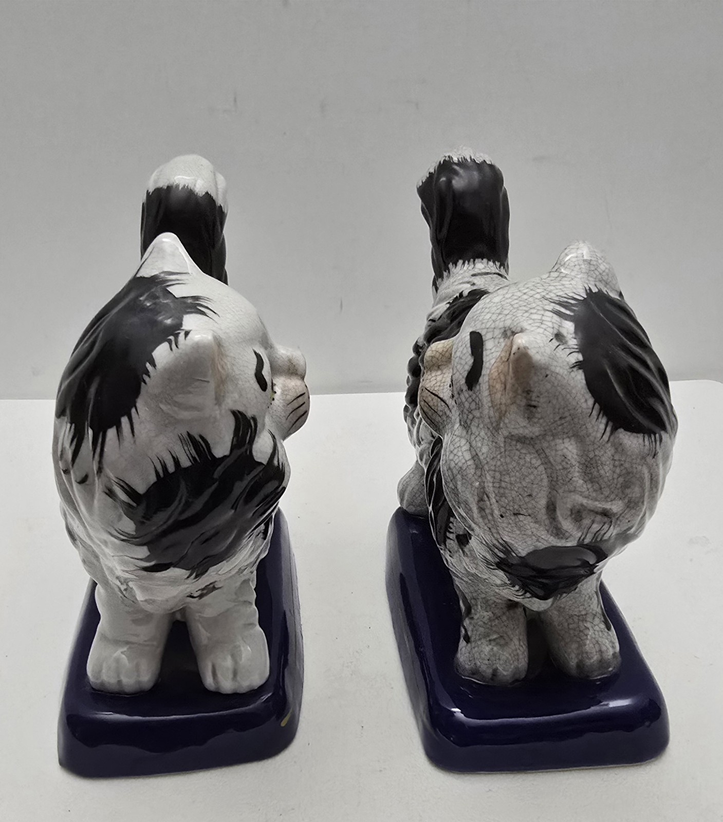 Pair of Vintage Black and White Staffordshire Style Cats on Blue Bases Porcelain