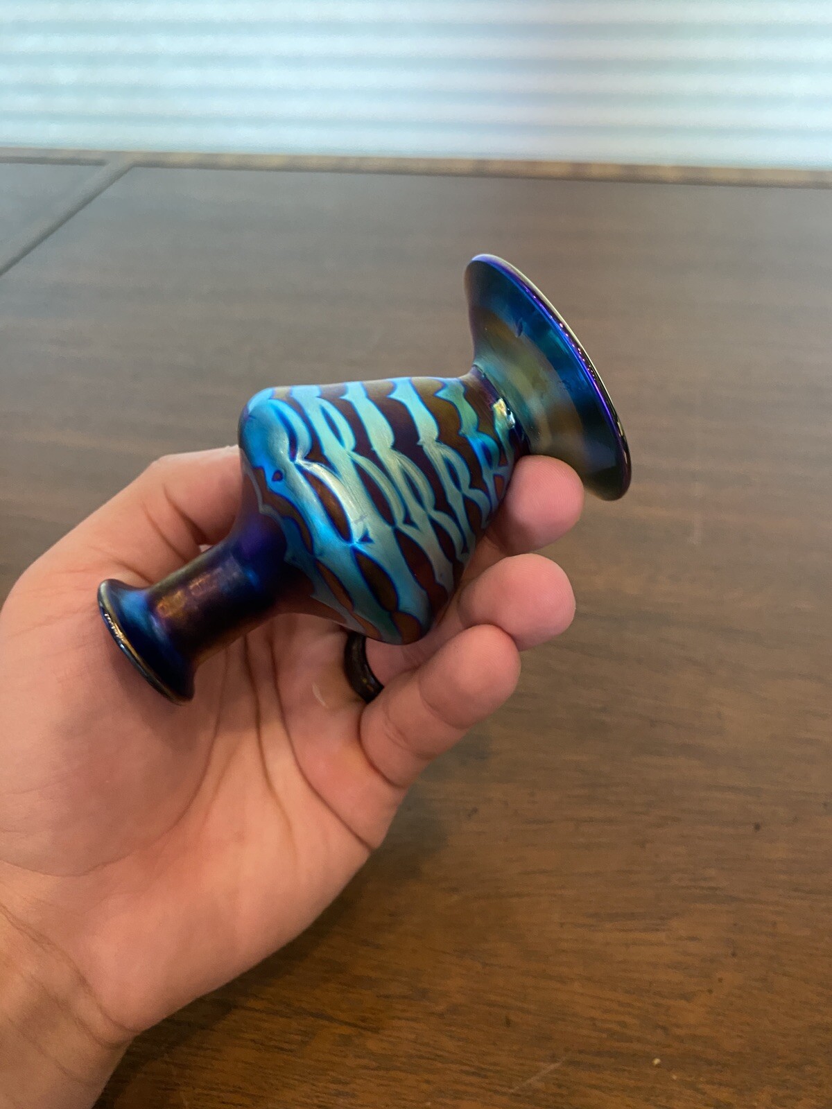 STUNNING VTG Blue Iridescent UNIQUE Design Glass Perfume Bottle W/STOPPER 5.25″H