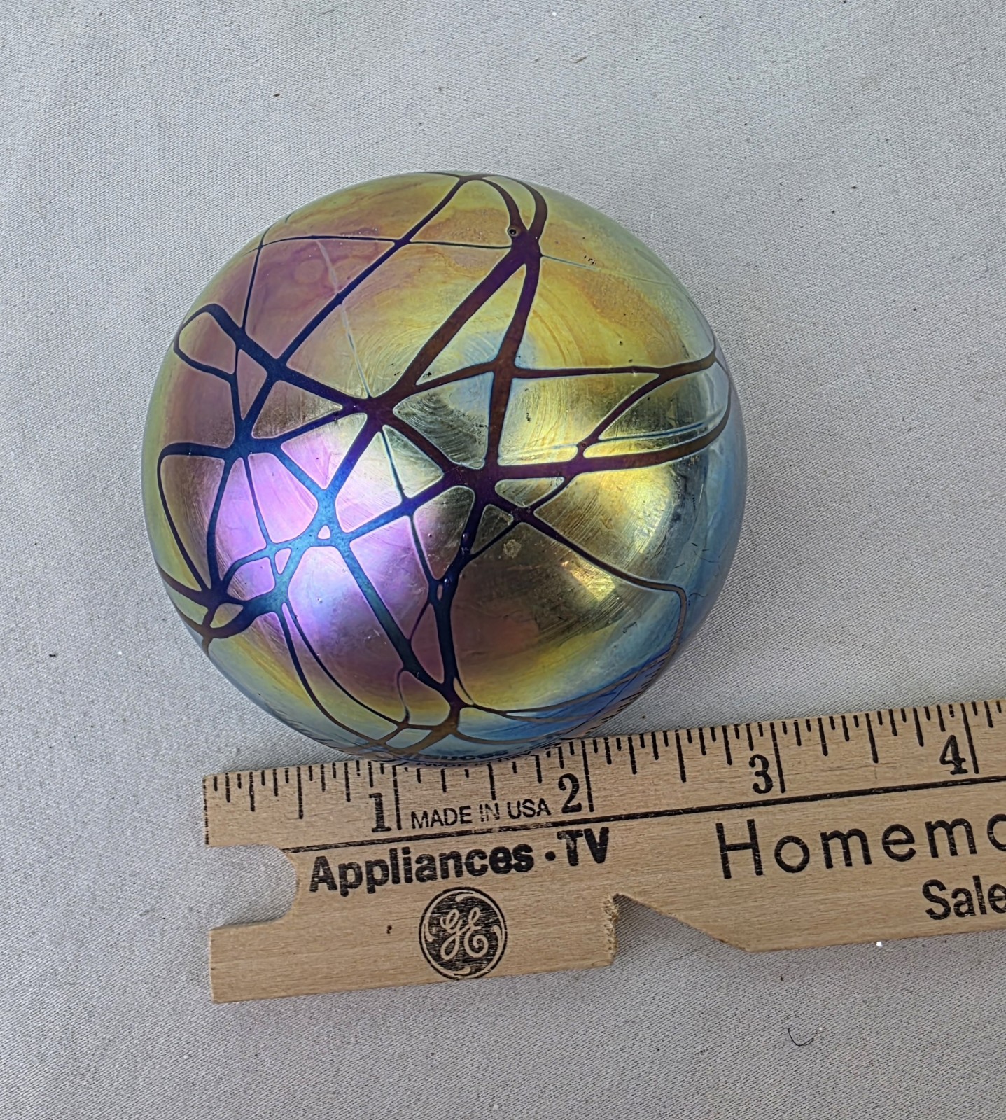 Levay Iridescent Paperweight Handblown Art Glass, Official Levay Stamp on Bottom