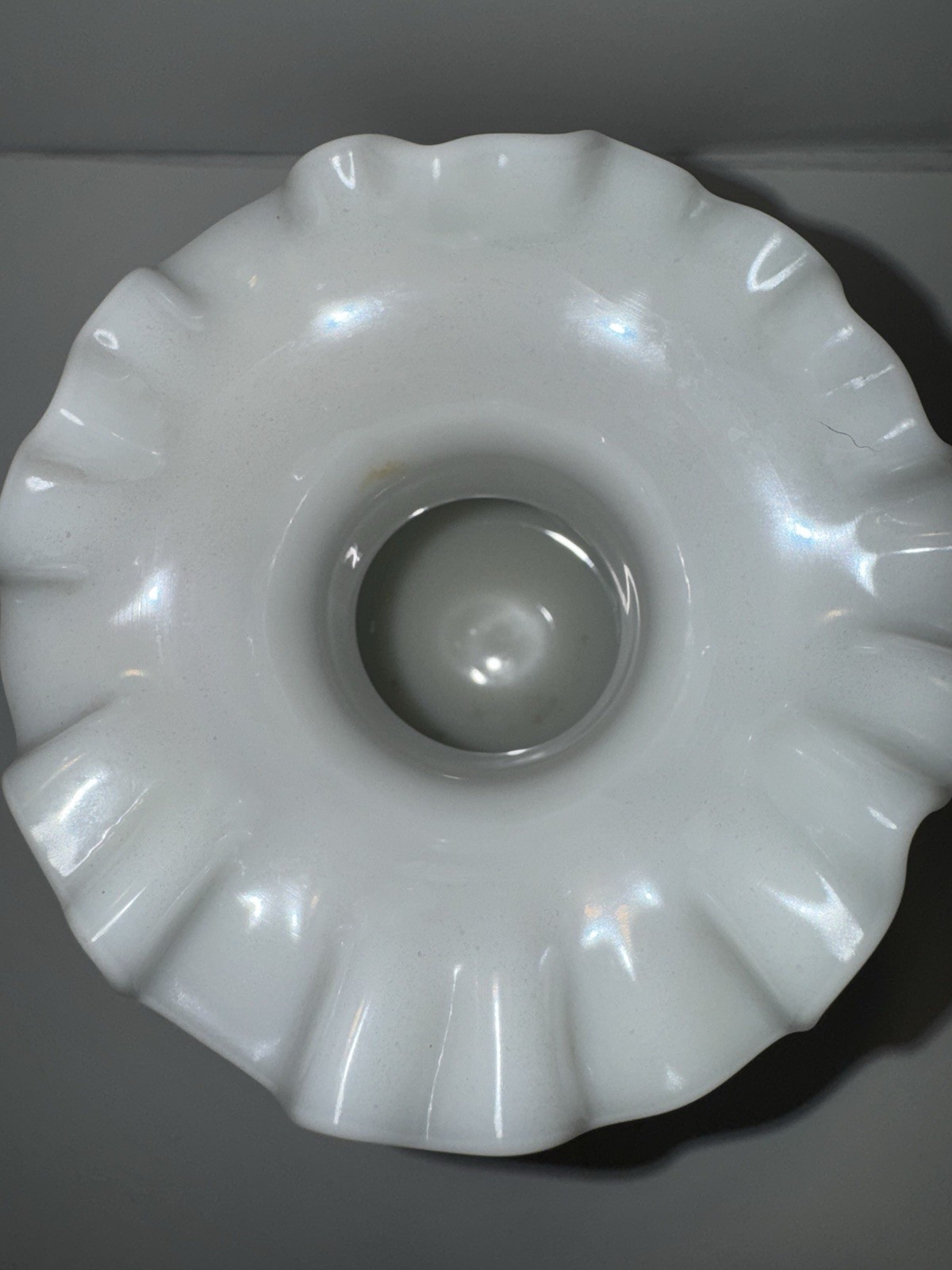 Antique 5.0″Consolidated Glass Iridescent Milk Glass Scalloped Rim.