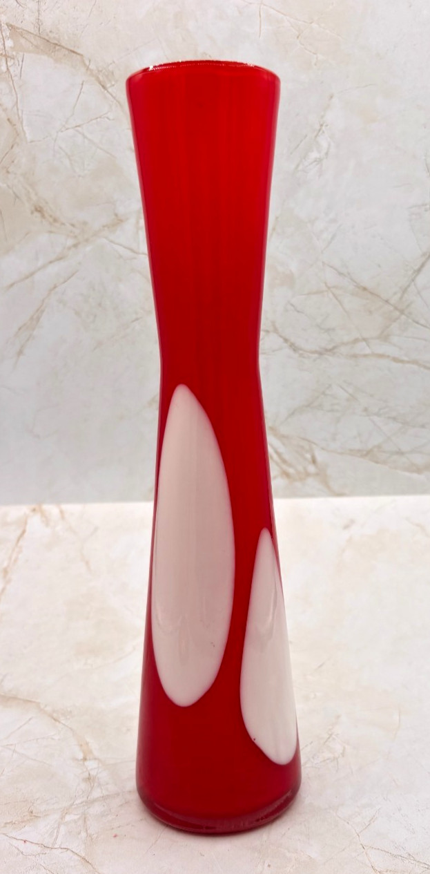 Mid Centry Modern Art Glass Bud Vase Cased Mouth Blown Glass Red & White 11″ EUC