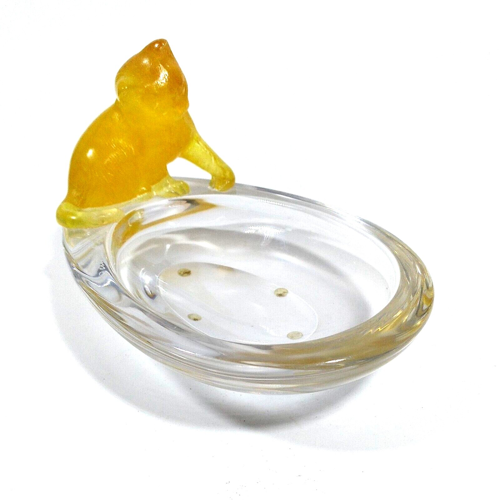 Daum France Hand Blown Crystal Cat at Pond Figurine Trinket Ring Dish Signed