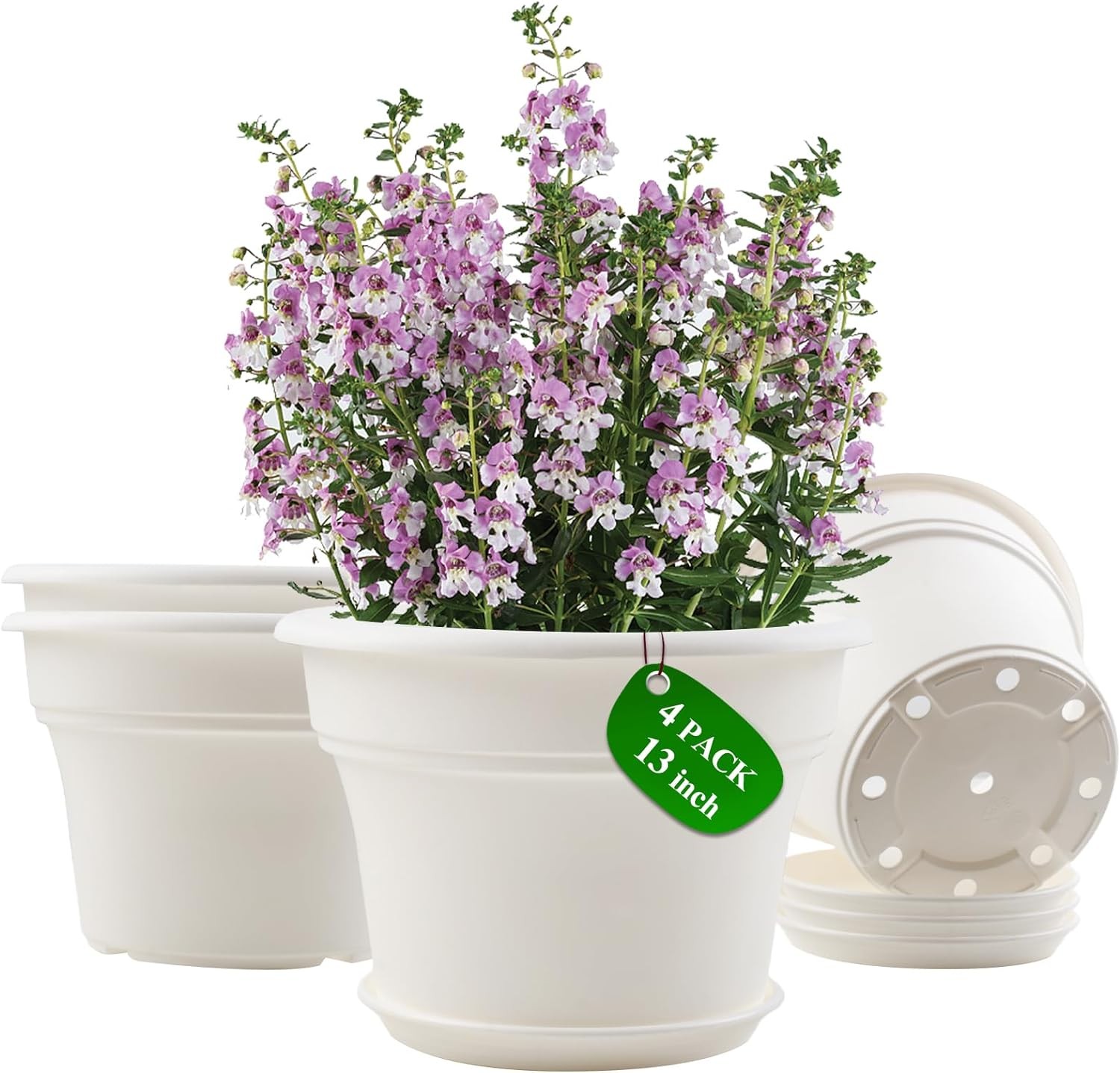 Pottiffe 13 Inch Plastic-Flower-Pot-for-Indoor-Plants, 4 Pack Large Outdoor