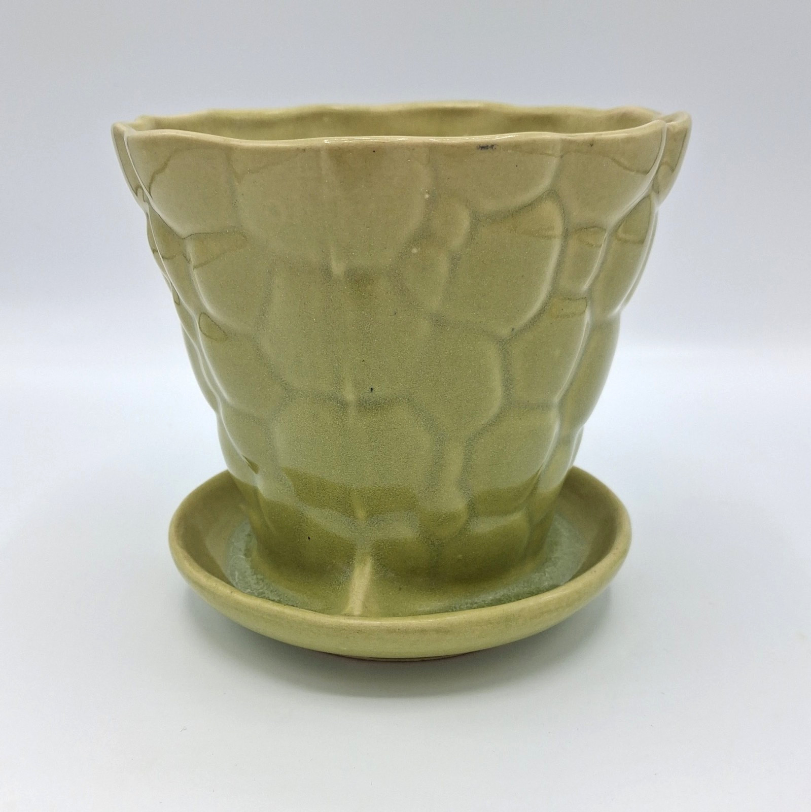 Vintage Brush Pottery Green Pebble Planter Flower Pot Attached Saucer 330 5-inch