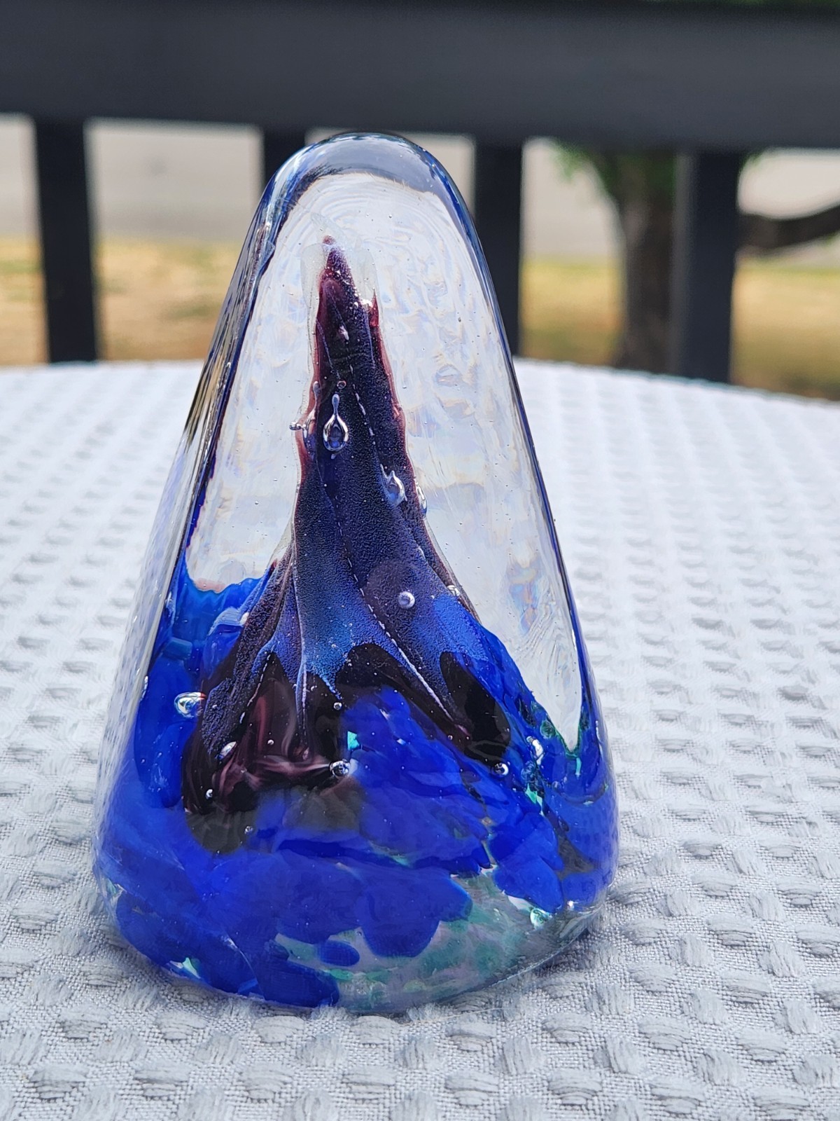 Art Glass Cone Paperweight Blue Clear Controlled Bubble Underwater Volcano *Read
