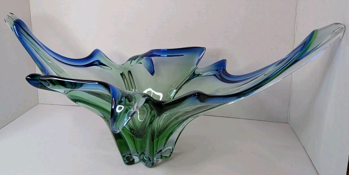 Mid-20th Century Cobalt Blue, Green Art Glass Centerpiece 10 point Vase, Read