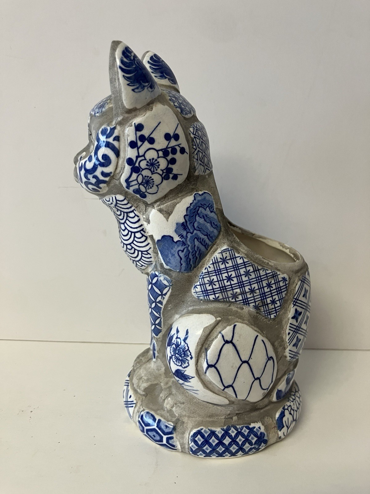 Vtg 1981 Nancy Lopez Pottery Patchwork Tile Cat Planter Blue & White Japan