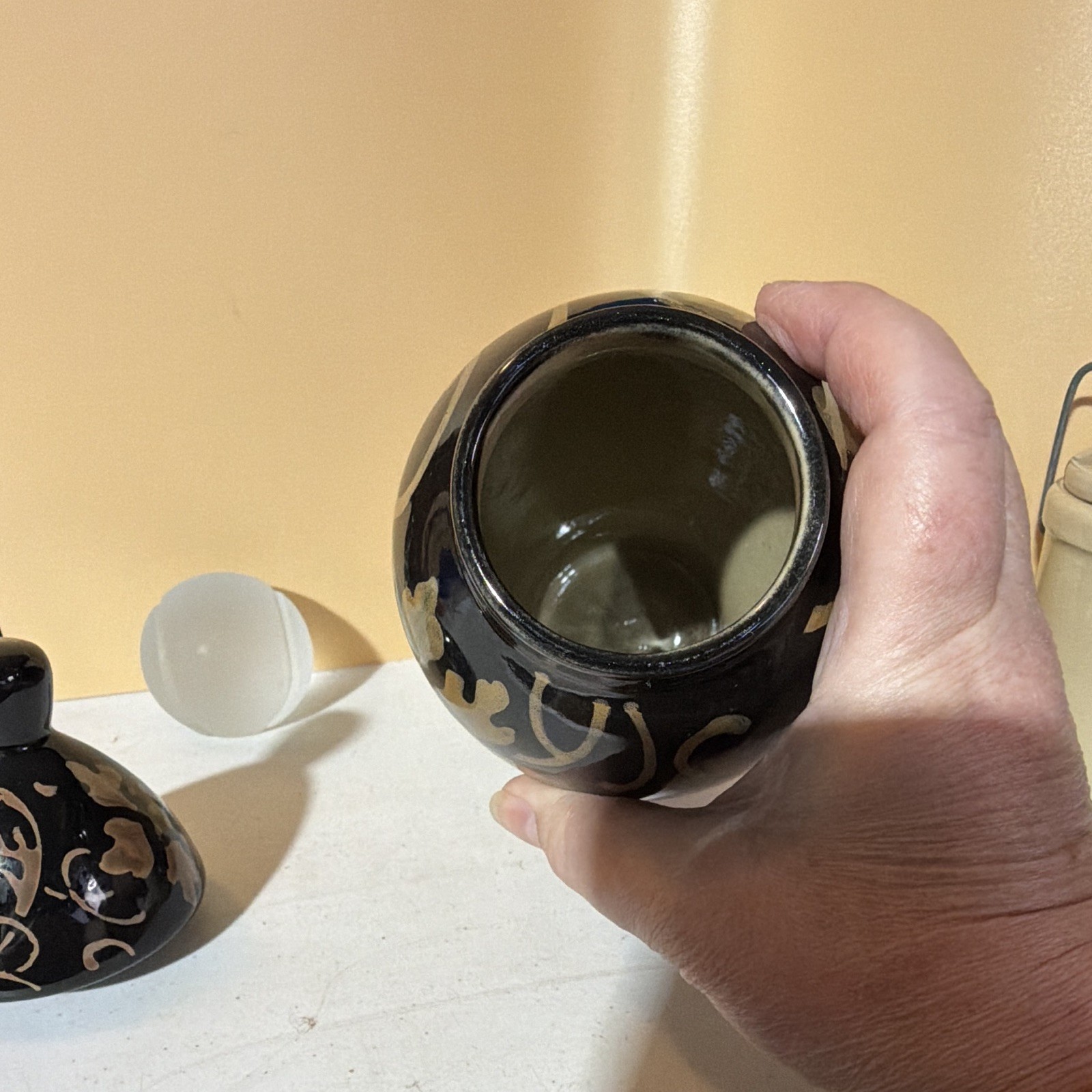 Black & Gold Floral Ceramic Lidded Vase 12in Glossy Finish Decorative