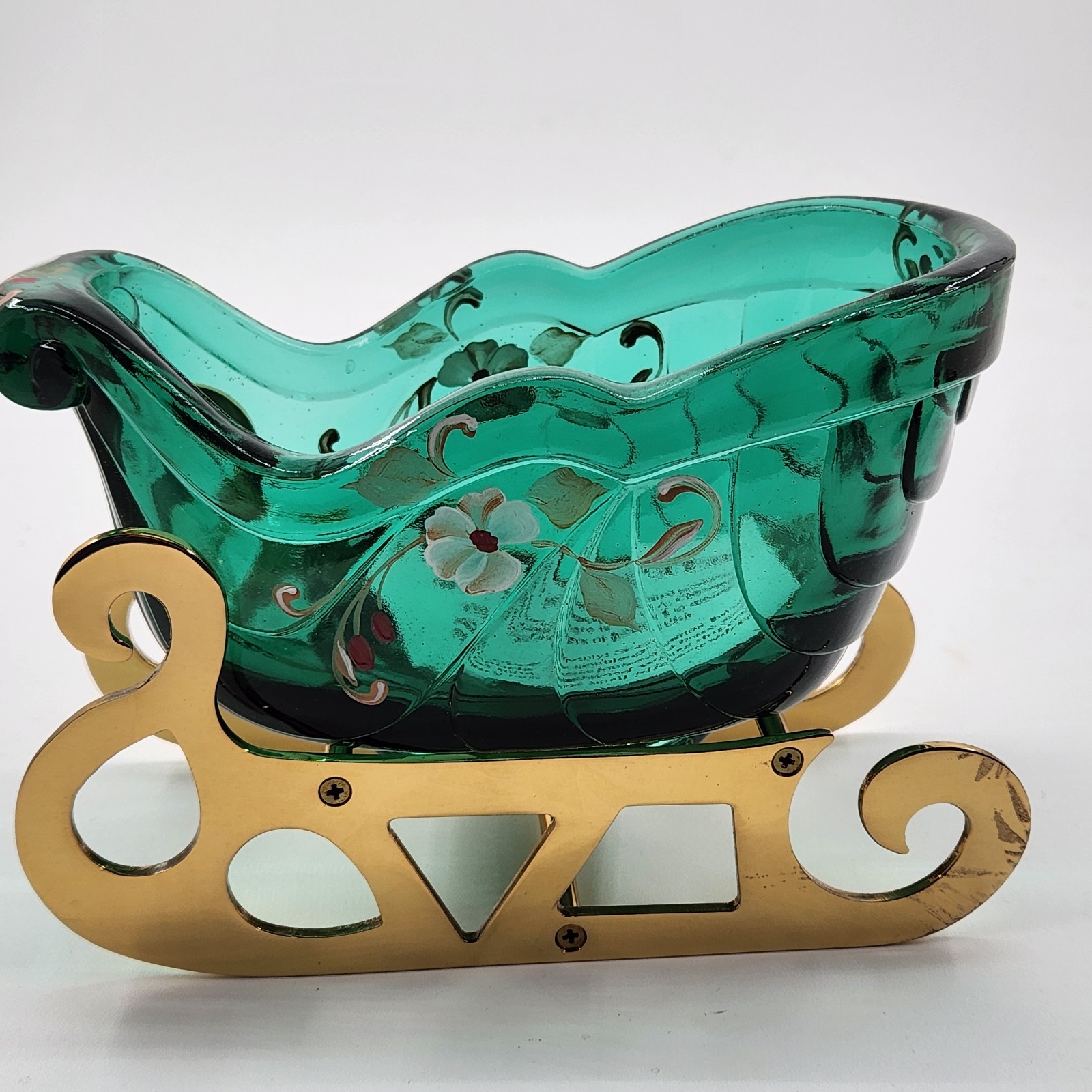 Fenton Green Glass Sleigh Candy Dish with Brass Runner Base Signed Vintage