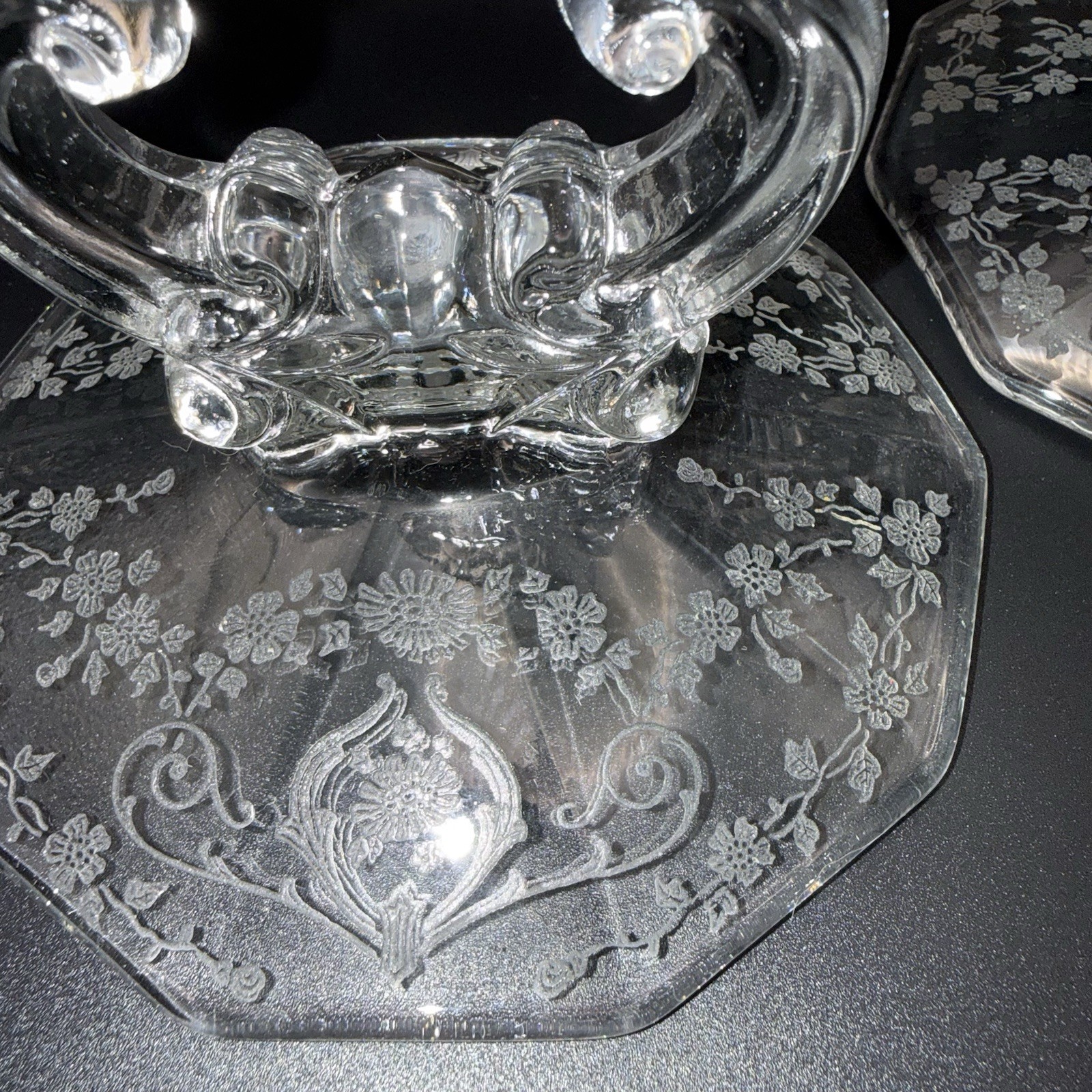 Cambridge Vintage Set- 2 Glass “Keyhole” Candlestick Holders & Bowl Diane Etched