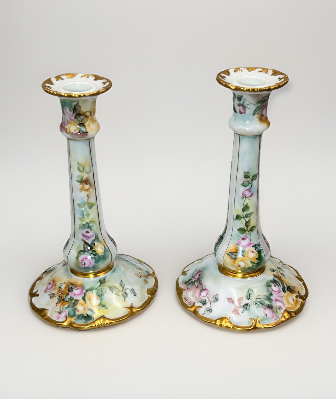 ANTQ 1890s Viennese Porcelain Candlestick Pair Handpainted Gilded Thun-Klosterle