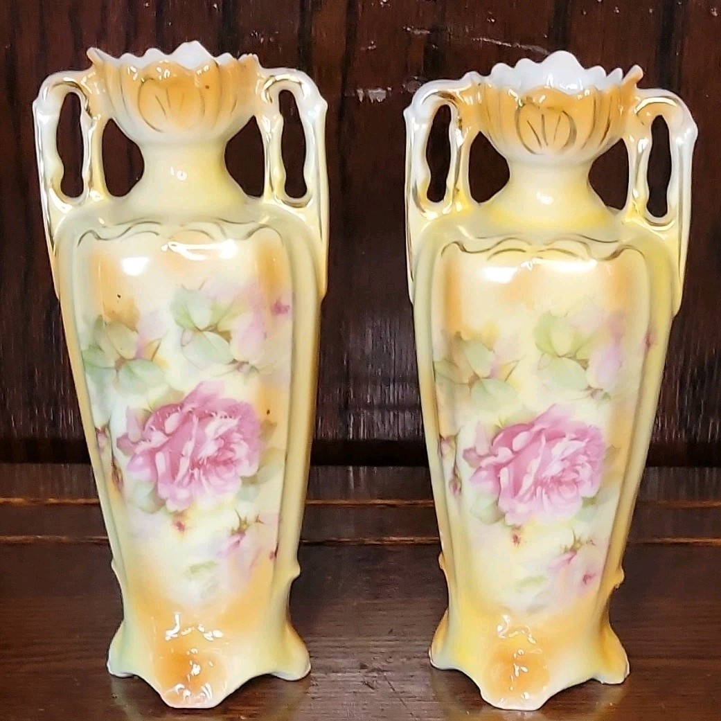 Pair Floral Porcelain Double-Handle Vases Glossy Finish Beige Pink Green 7 in
