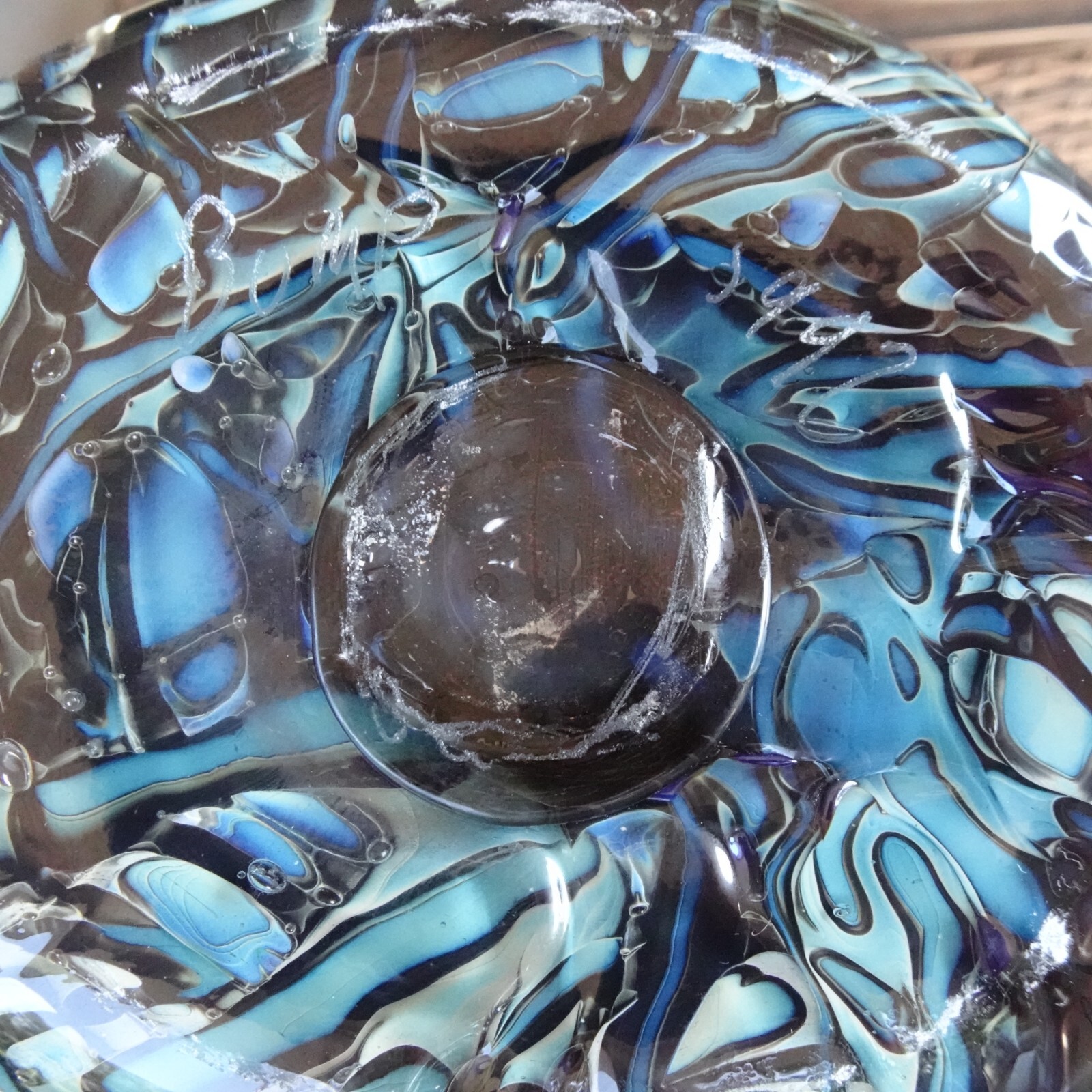 HEAVY! Large Signed 1997 BUMP Studio Art Glass Threaded Freeform Vase 10.5″
