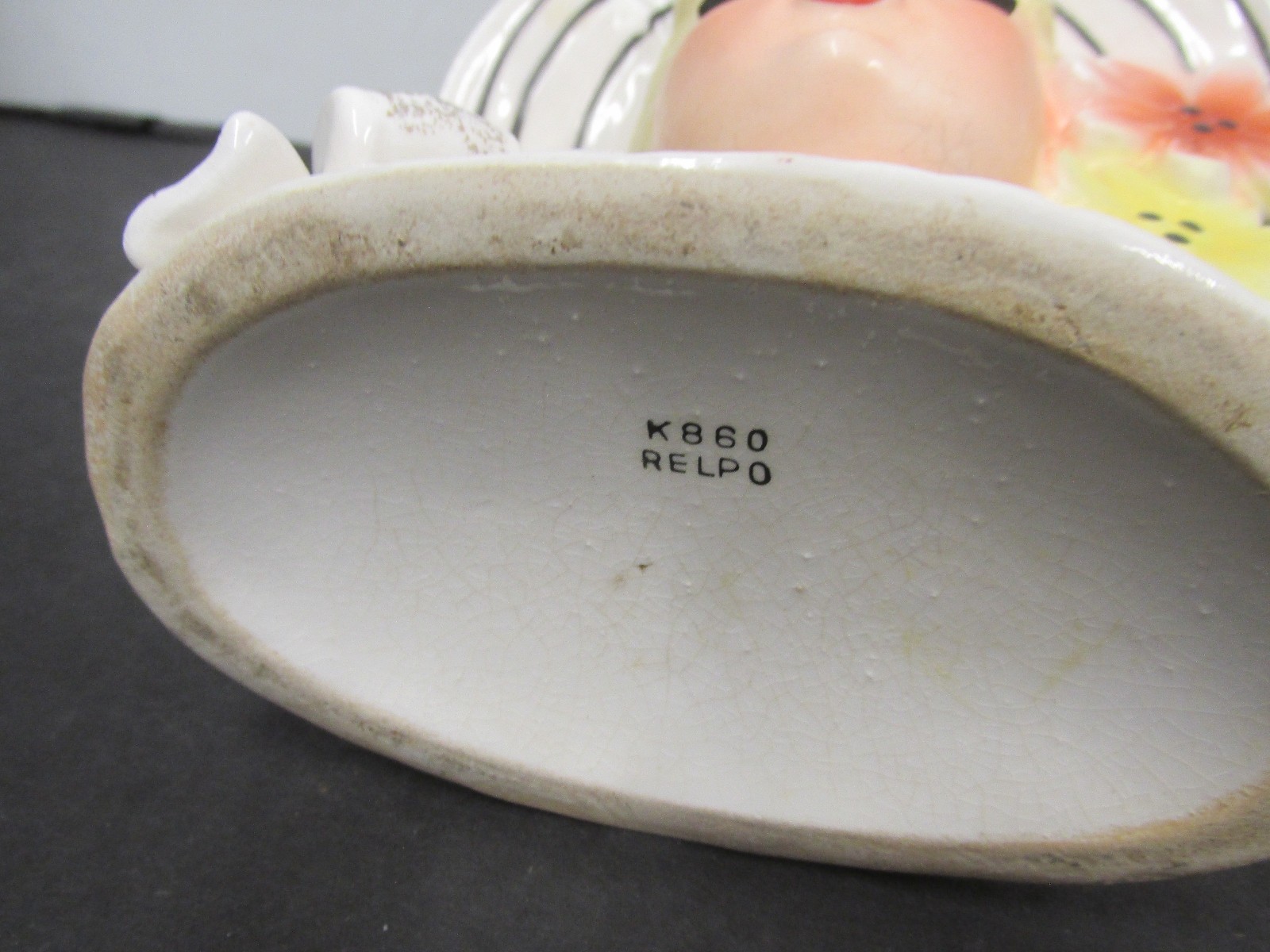 VINTAGE RELPO K 860 5 3/4 INCH LADY head vase BLONDE HAT AND FLOWERS BOW