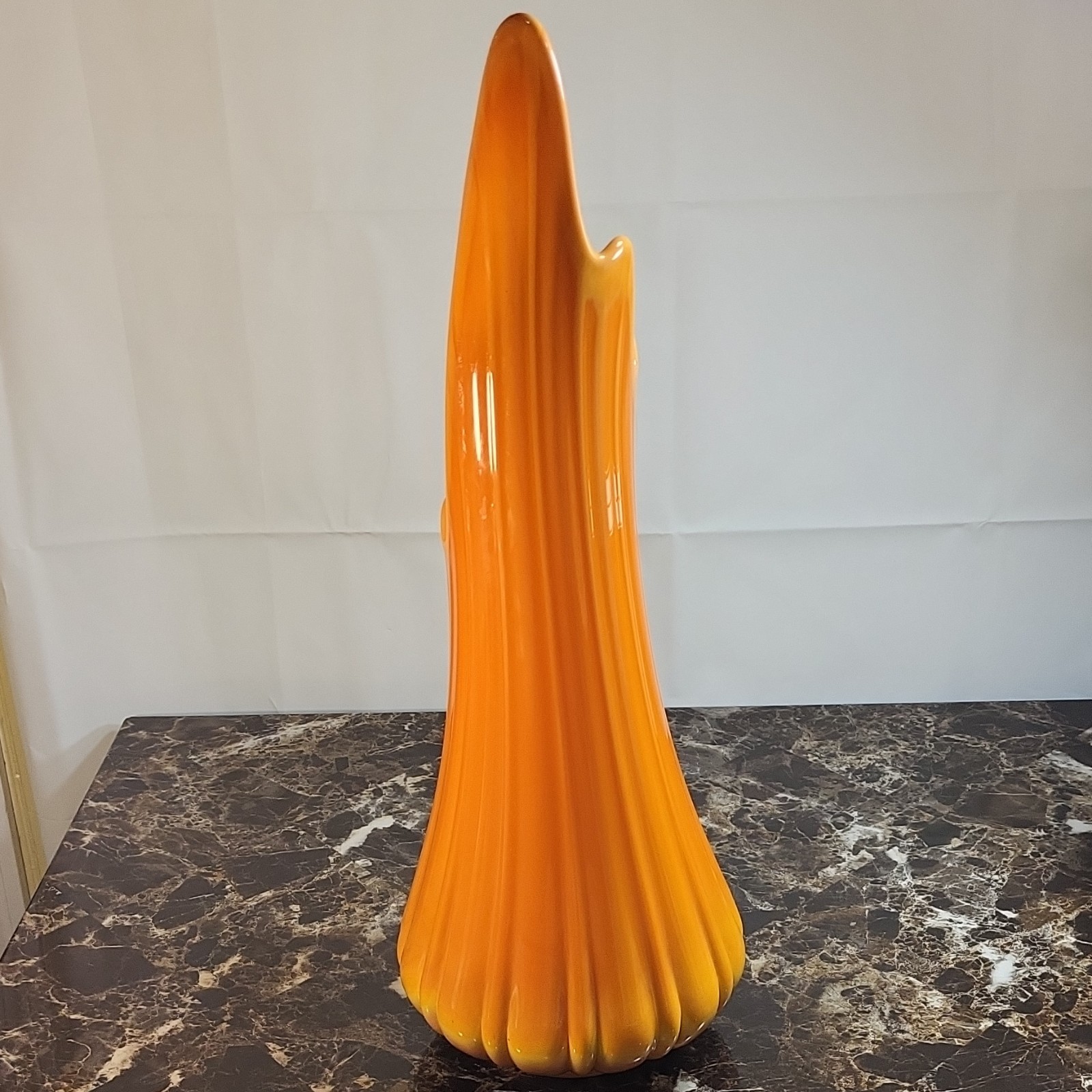 Orange & Yellow Ribbed Art Glass Vase, Decorative Glossy Finish