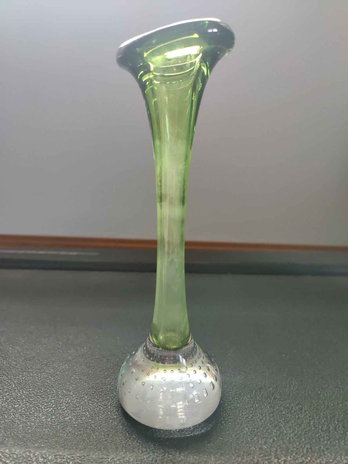 Vintage Handblown Colonial Green Swung Pedestal Bud Vase Controlled Bubbles 10″