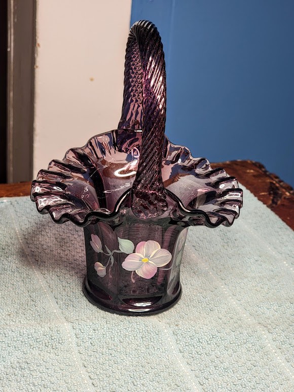 Vintage Artist Signed FENTON Amethyst Purple Art Glass Ruffled Basket 7” tall