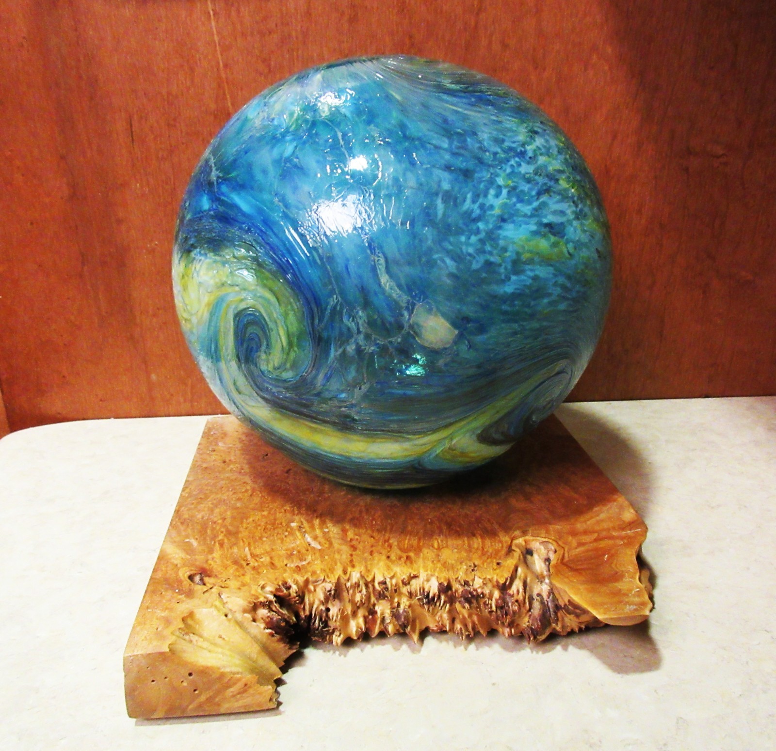 Large Hand Blown Glass Sea Float Blue Swirls 8″ with Wood Stand – Made in Oregon