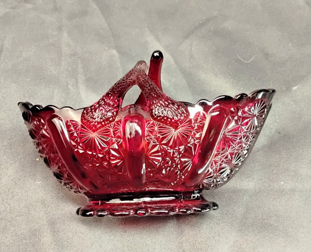 Fenton daisy and button with pinwheel in ruby red iridescent basket