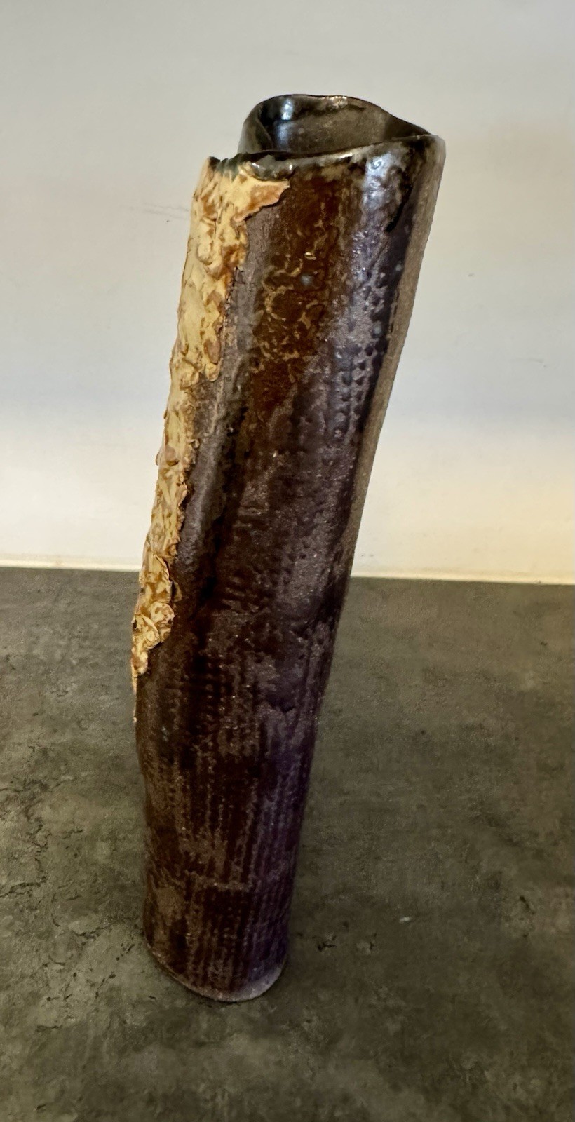 Large 16” Mid Century Brutalist Studio Art Pottery Scrolled Slab Vase