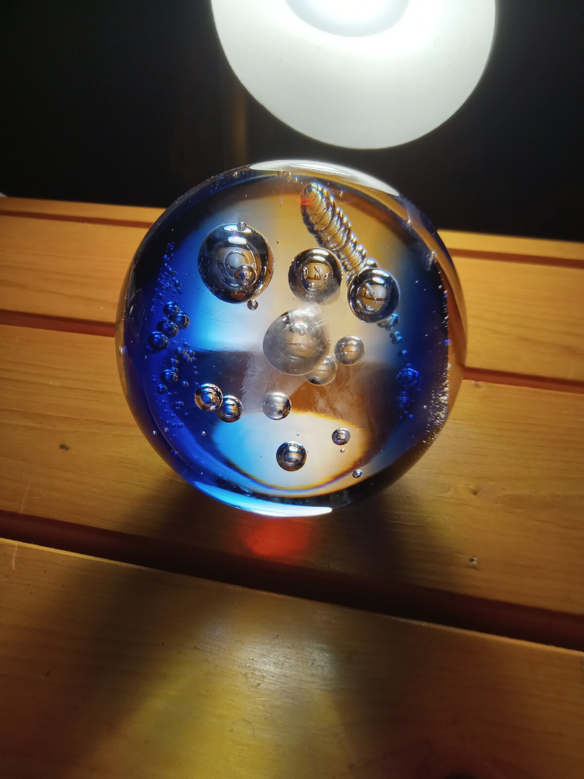 Clear And Blue Controlled Bubbles Paperweight 4 In