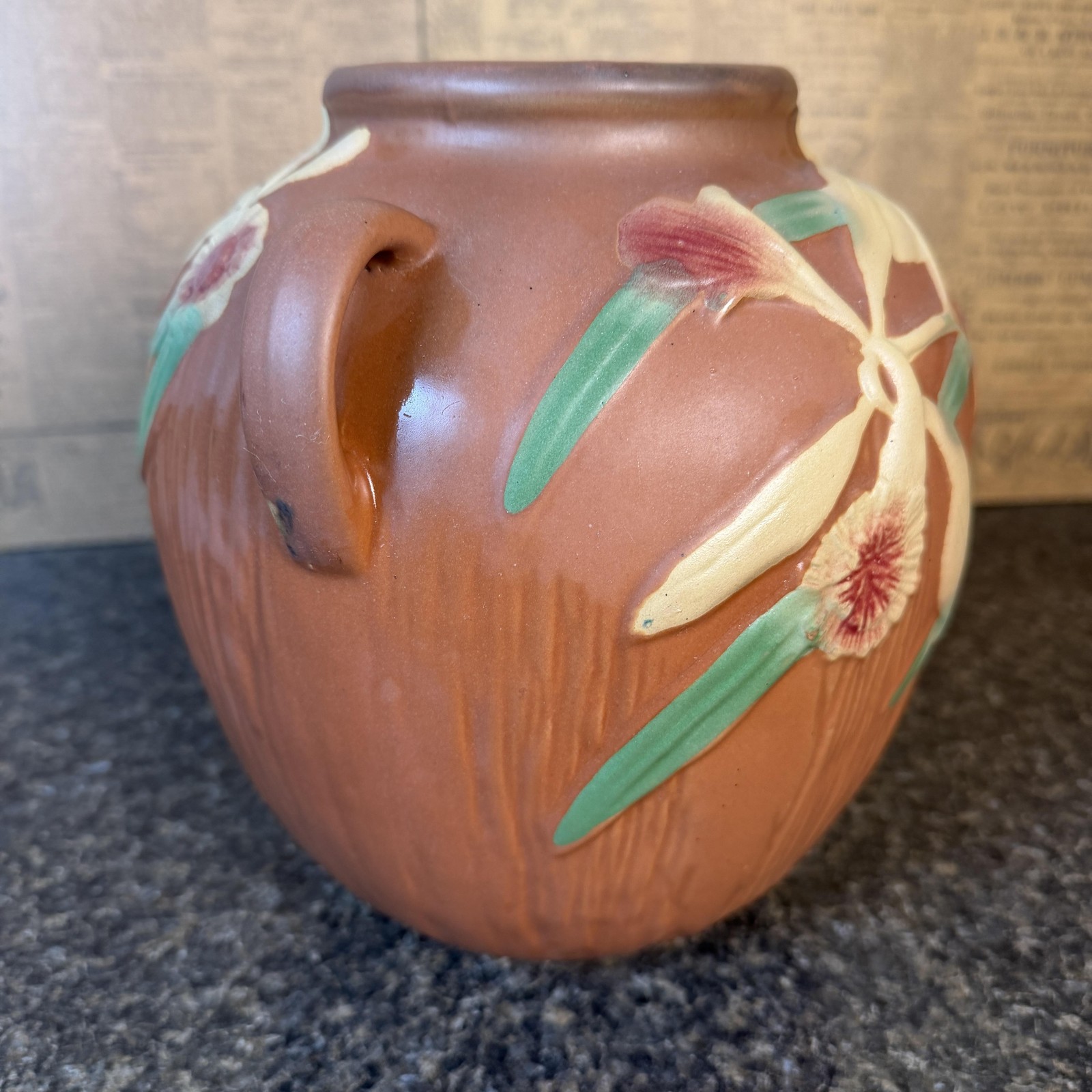 Vintage Pottery Orchid Two Handle Vase Brown Green Pink Art Deco