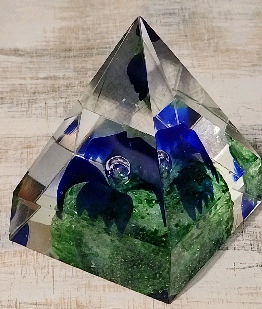 Vintage glass Pyramid sphere Paperweight Cobalt Blue Flower Controlled Bubble