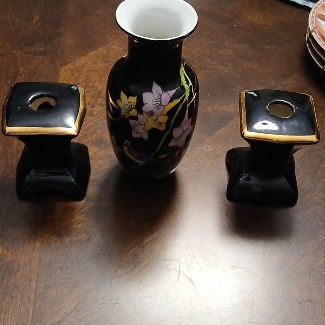 Black Gold Ceramic Vase And Two Candle Holder