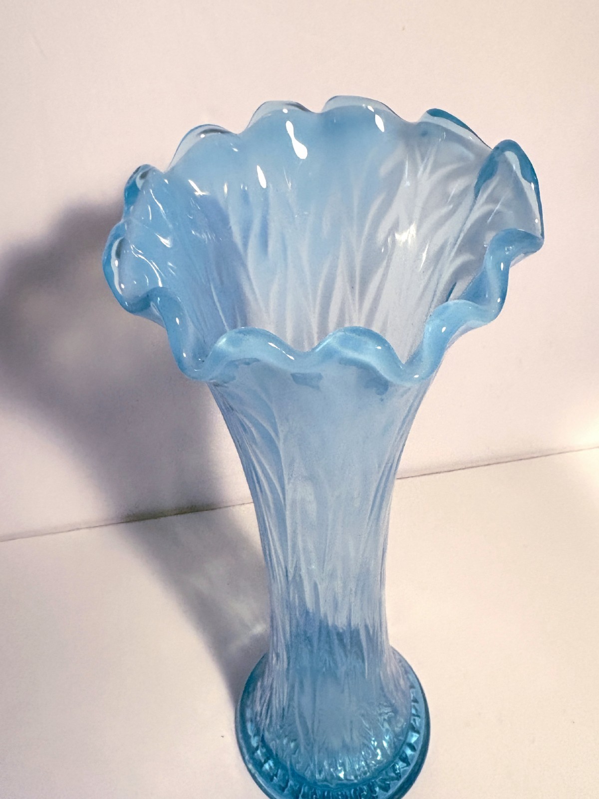 Jefferson Blue Aqua Opalescent Glass Heatherbloom Swung 11″ Vase Intro 1905