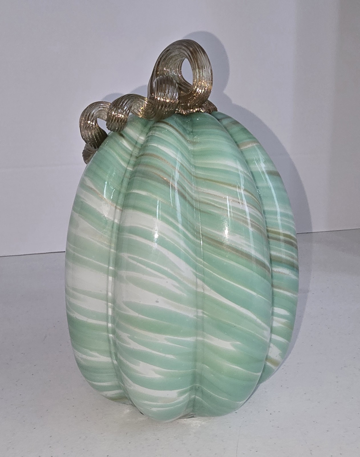 Hand Blown Art Glass Pumpkin Green White Marbled Swirl Gold Glitter Stem 8.5″