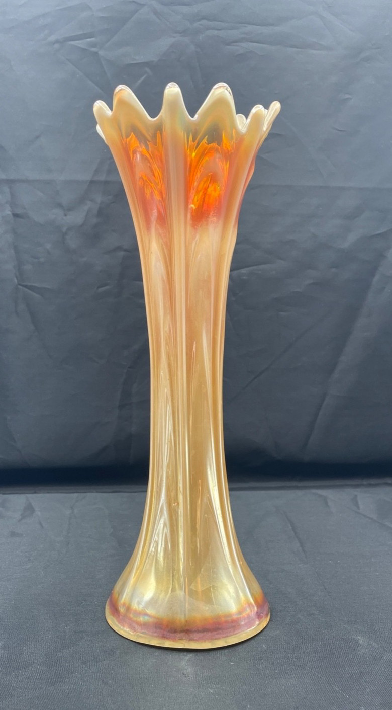 Vtg Fenton Carnival Glass 11″ swung Vase Marigold orange iridescent ribbed