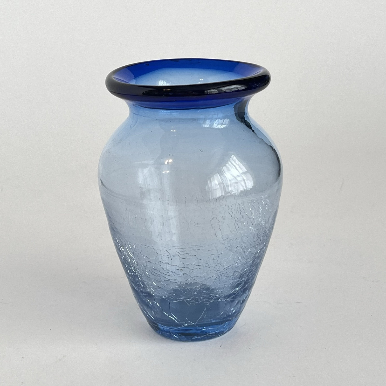 Vintage Art Glass Vase Handblown Crackle Glass Clear And Blue 5 Inch